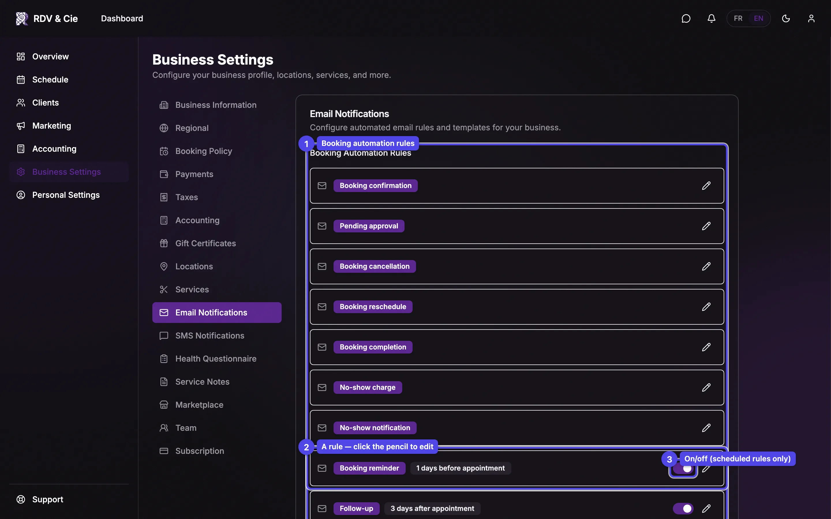 The Email Notifications tab showing the booking automation rules list and the email templates list