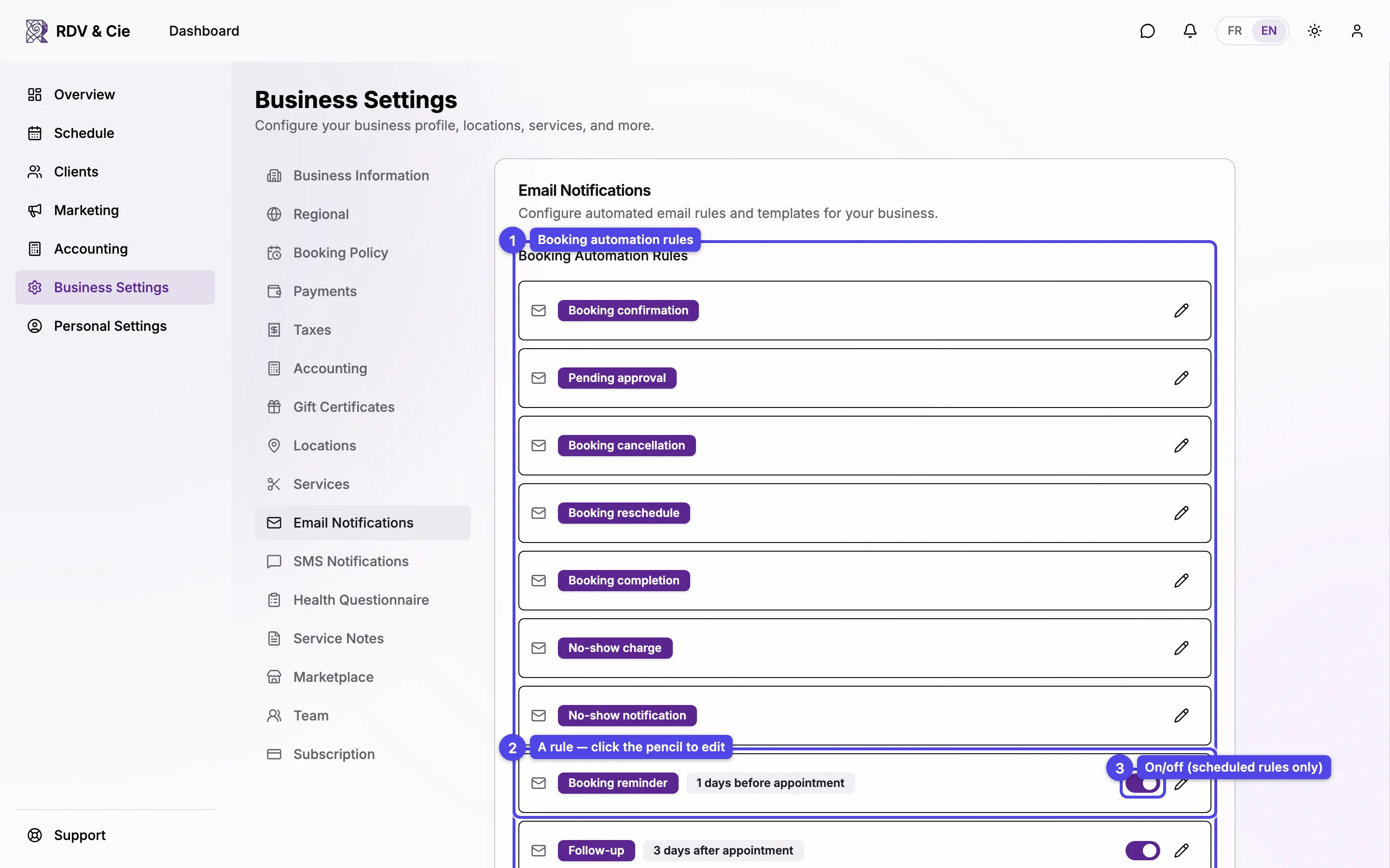 The Email Notifications tab showing the booking automation rules list and the email templates list