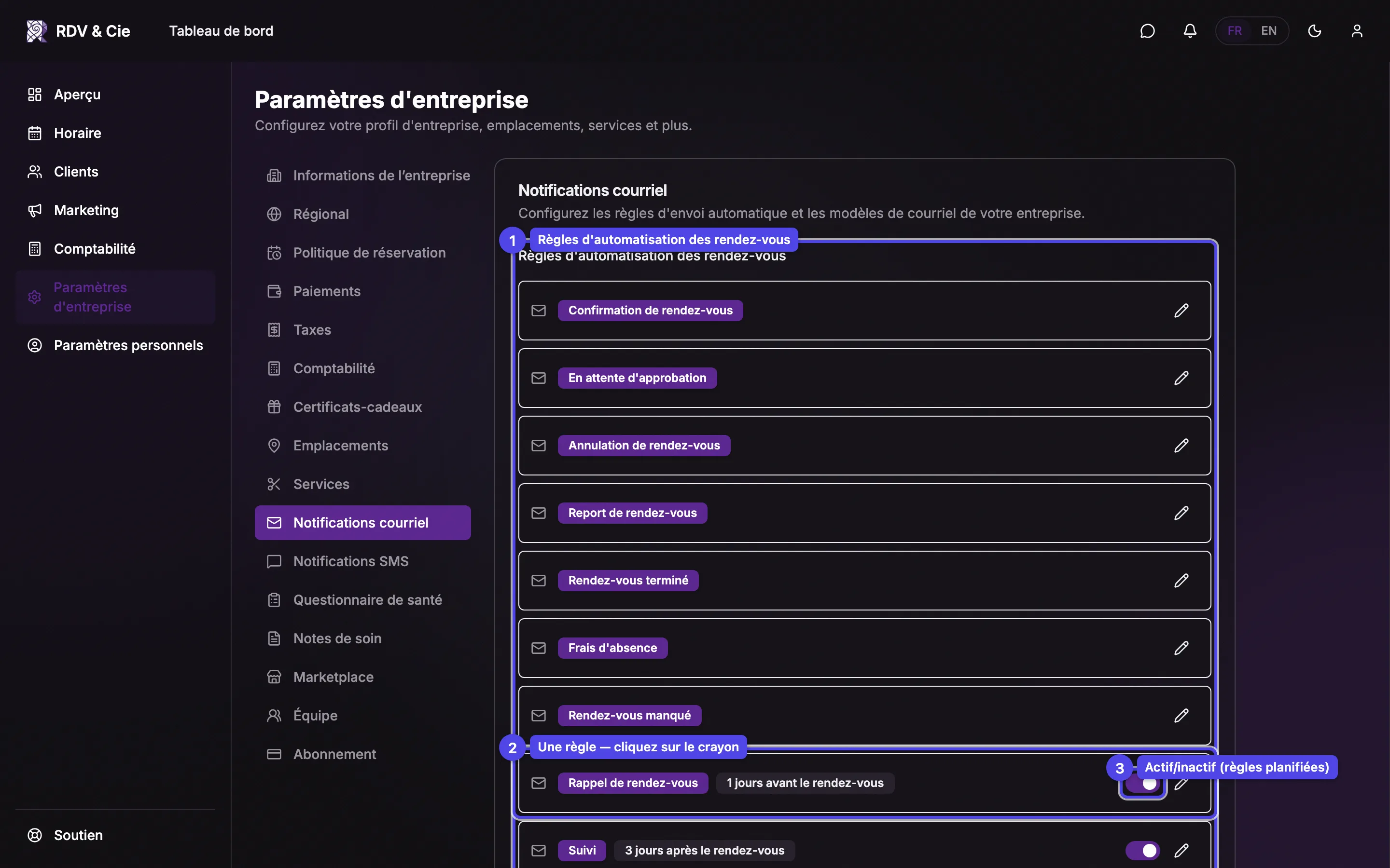 L'onglet Notifications courriel avec la liste des règles d'automatisation des rendez-vous et la liste des modèles de courriel