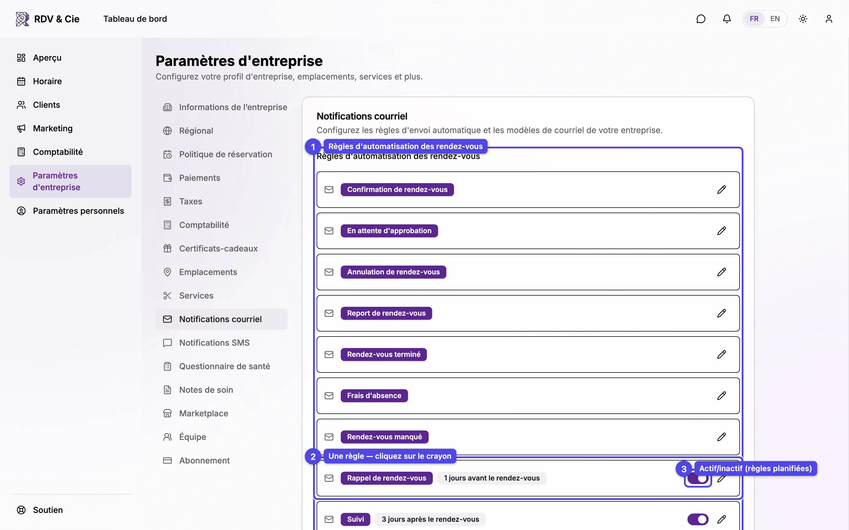 L'onglet Notifications courriel avec la liste des règles d'automatisation des rendez-vous et la liste des modèles de courriel