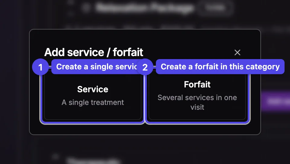 The Add service / forfait chooser dialog with Service and Forfait options