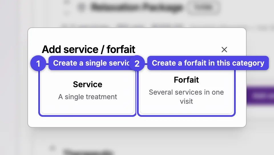 The Add service / forfait chooser dialog with Service and Forfait options