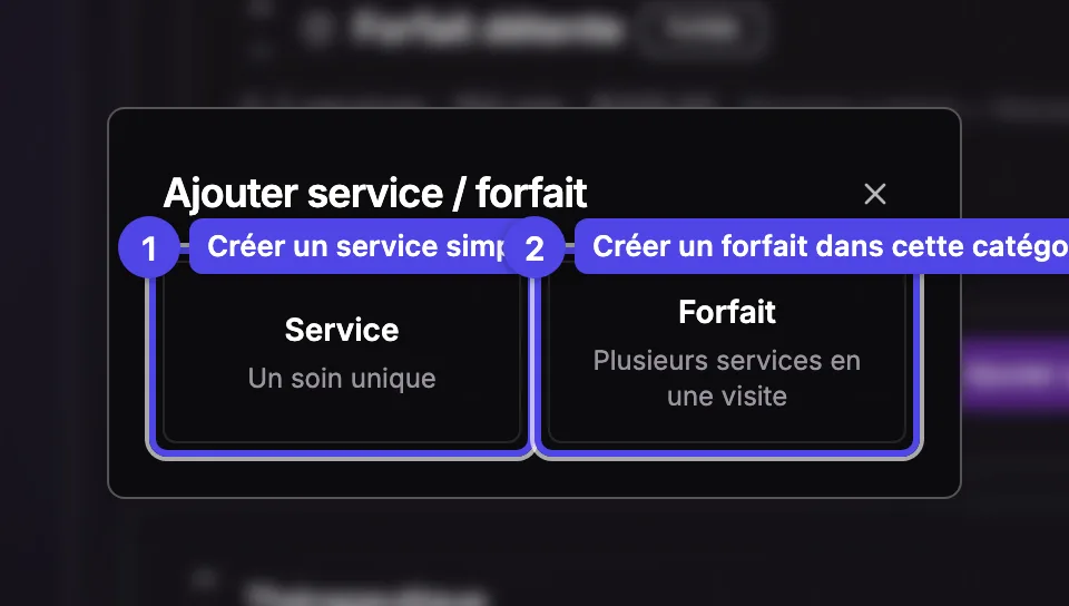 Le dialogue Ajouter service / forfait avec les choix Service et Forfait