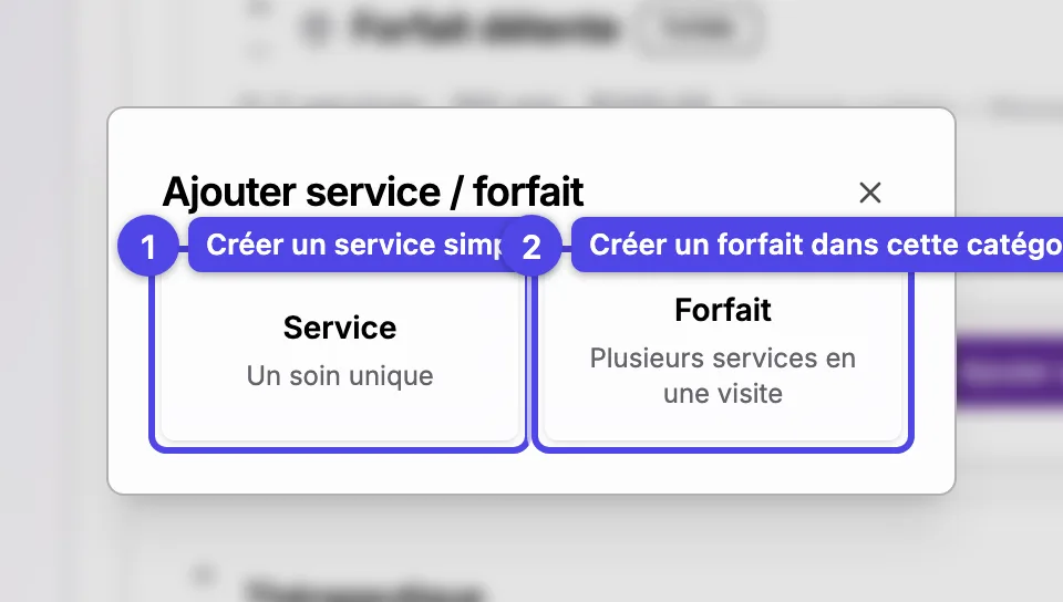 Le dialogue Ajouter service / forfait avec les choix Service et Forfait