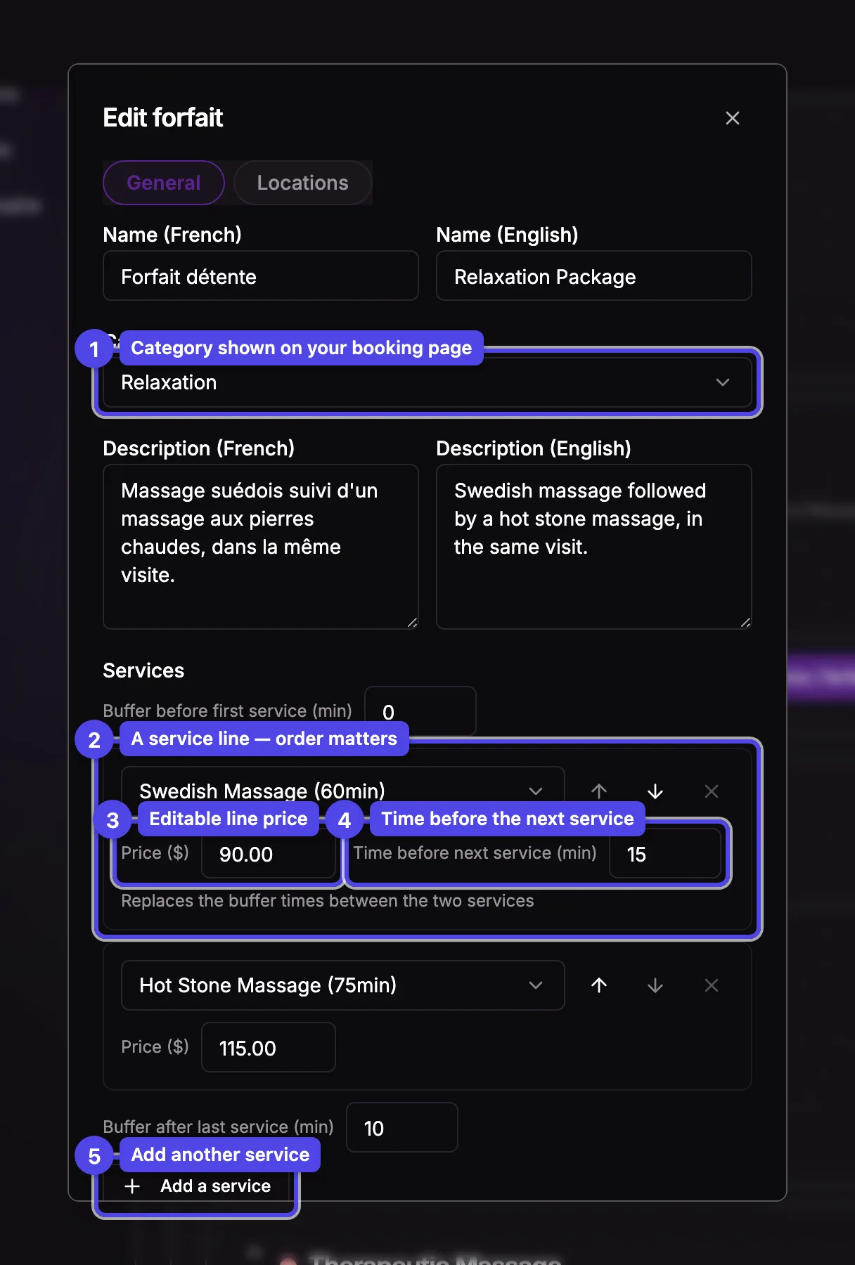 The forfait editor: category, ordered service lines with editable prices and the time between services