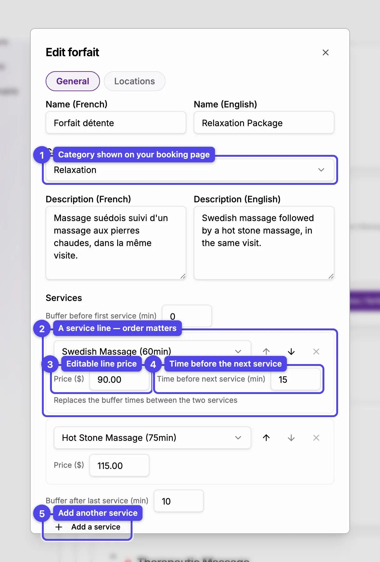 The forfait editor: category, ordered service lines with editable prices and the time between services