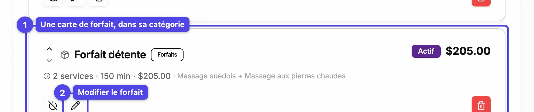 Un forfait affiché comme une carte dans sa catégorie de services, avec des flèches de tri et un interrupteur de visibilité