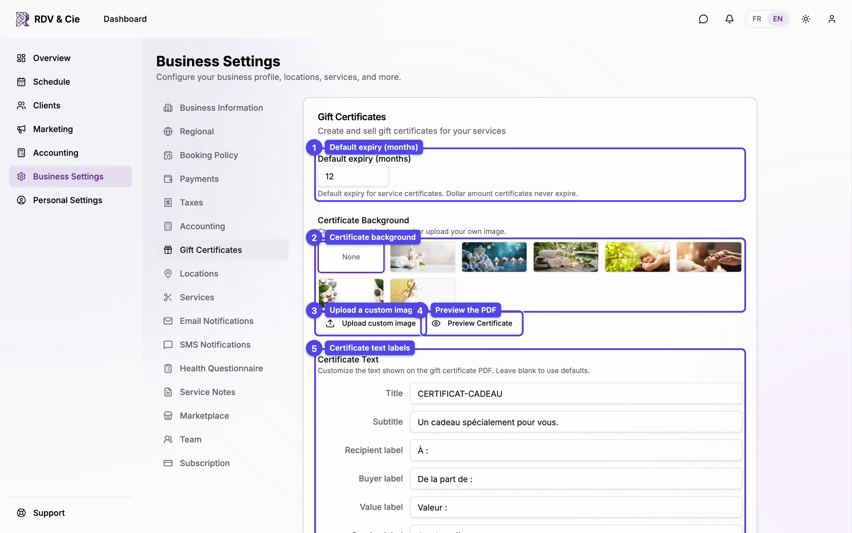 The Gift Certificates settings with the default expiry field, background picker, preview button, and certificate text labels.