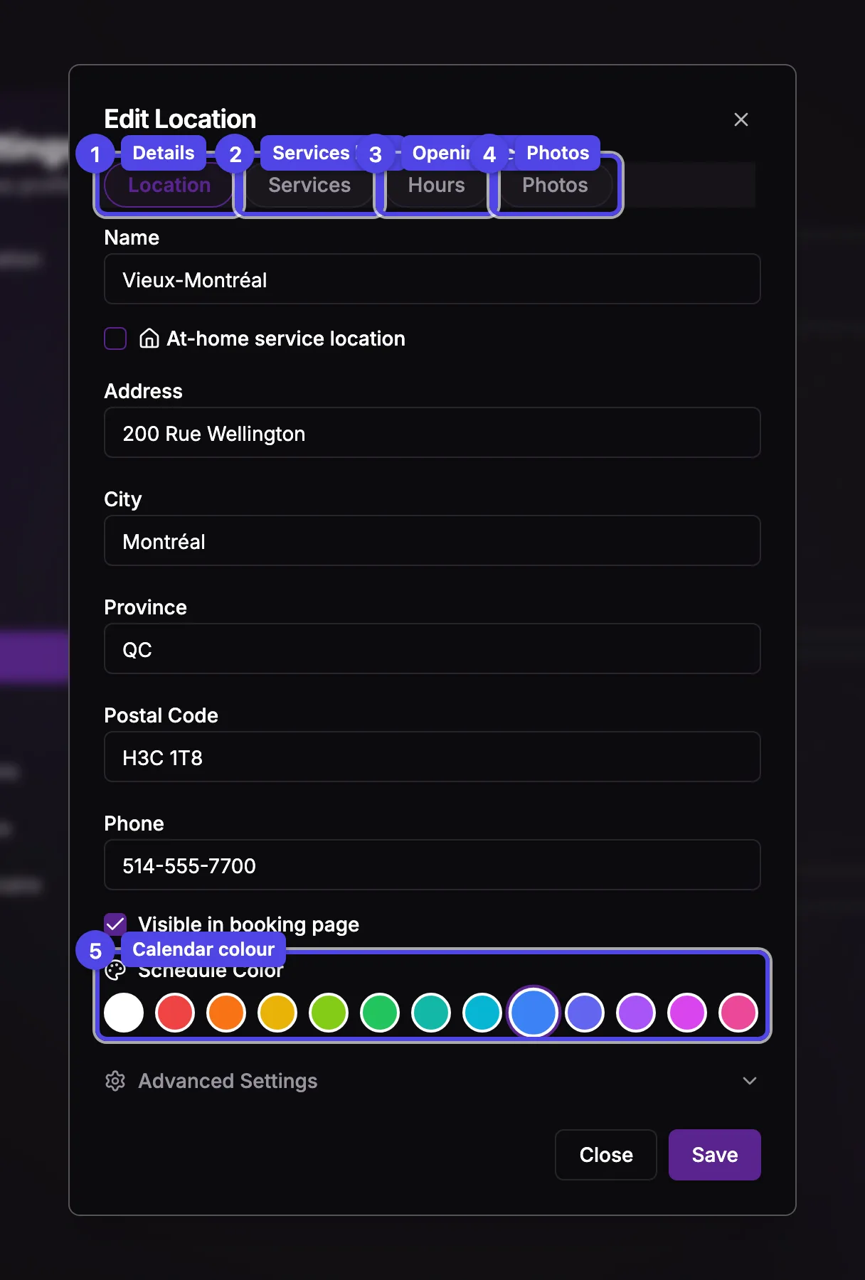 The location dialog on the Location tab, with the four tabs and the color picker
