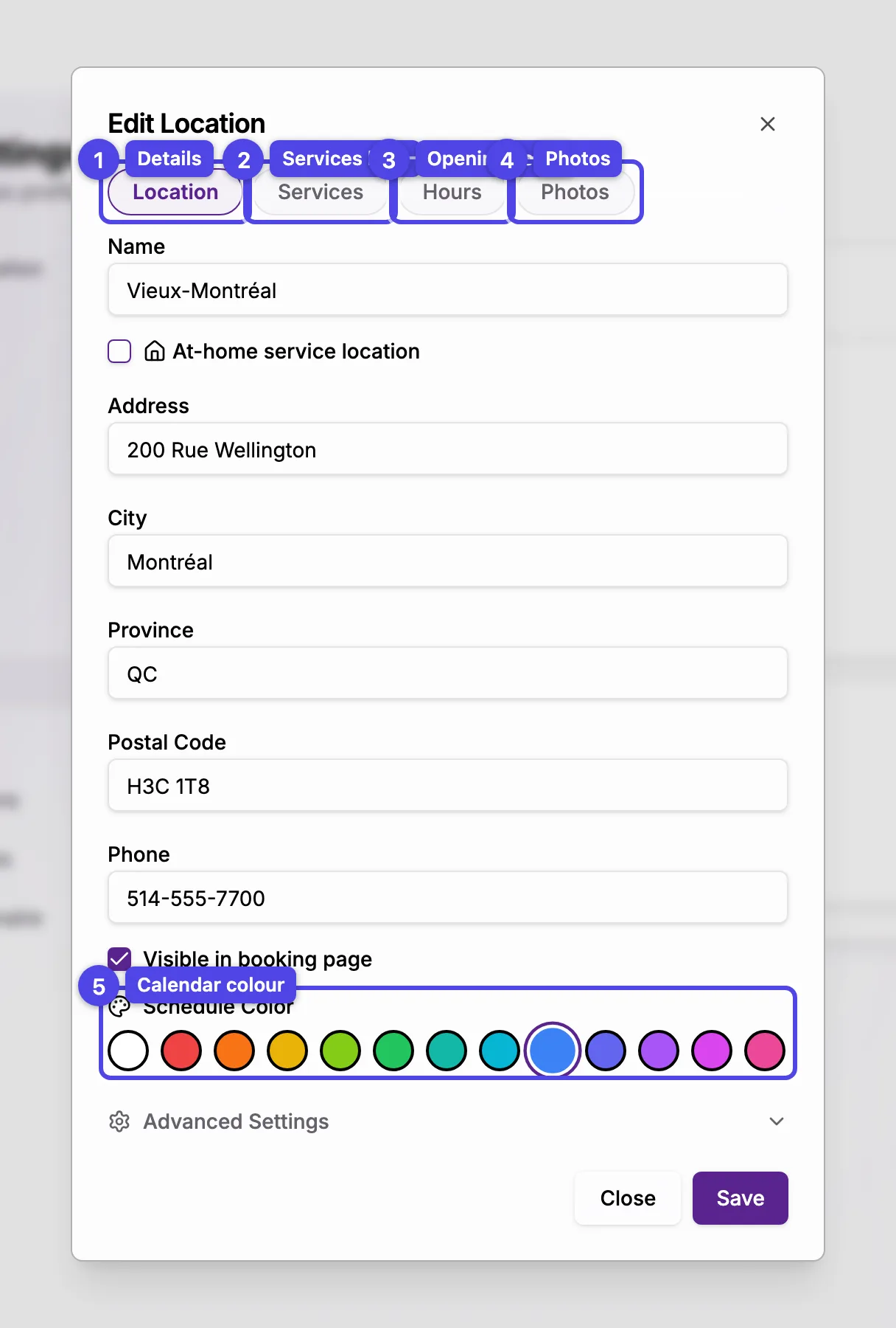 The location dialog on the Location tab, with the four tabs and the color picker