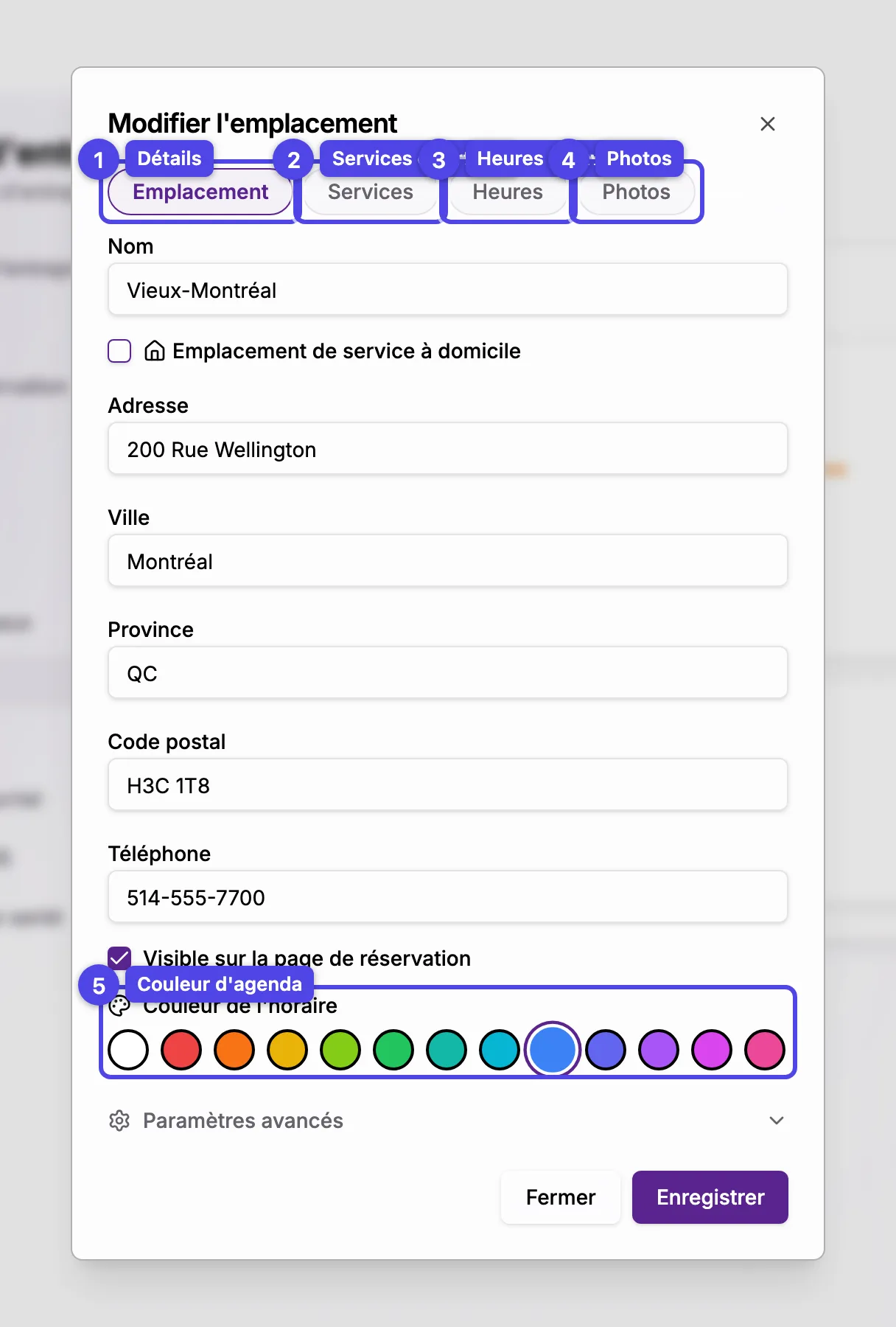 La fenêtre de l'emplacement sur l'onglet Emplacement, avec les quatre onglets et le sélecteur de couleur
