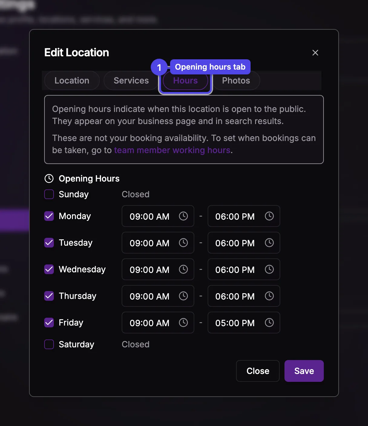 The location dialog on the Hours tab, with the per-day opening hours