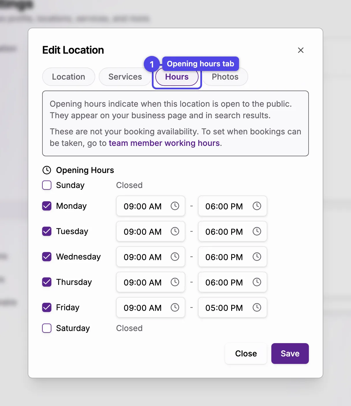 The location dialog on the Hours tab, with the per-day opening hours
