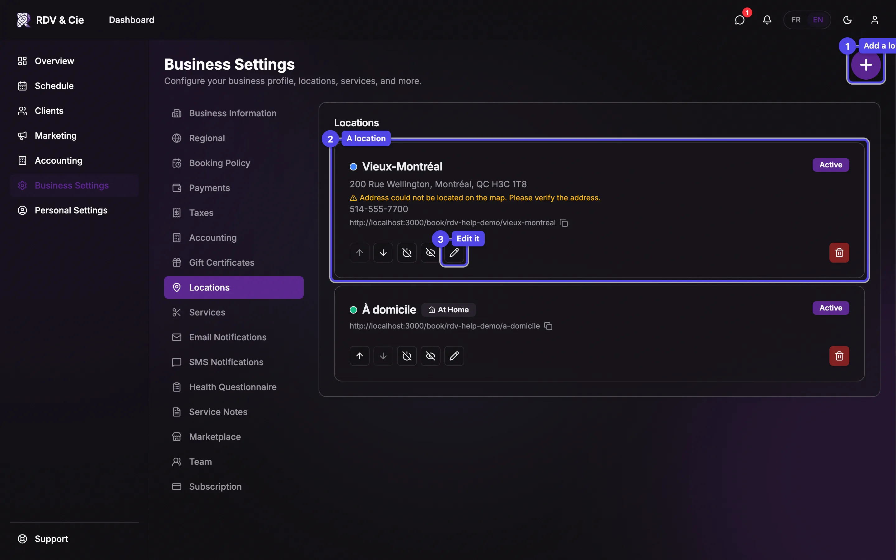The Locations tab with location cards, the add button, and the edit action