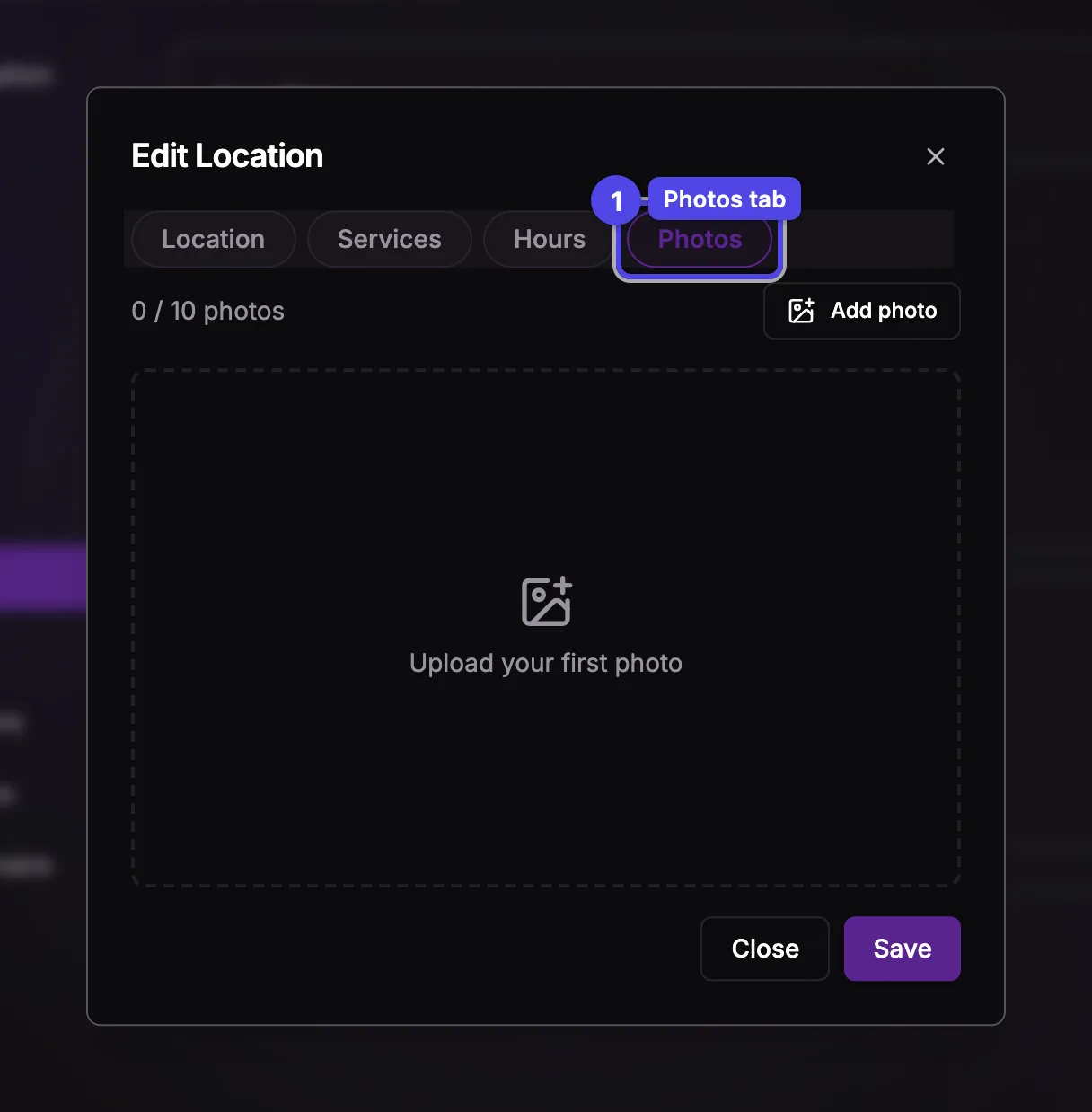 The location dialog on the Photos tab