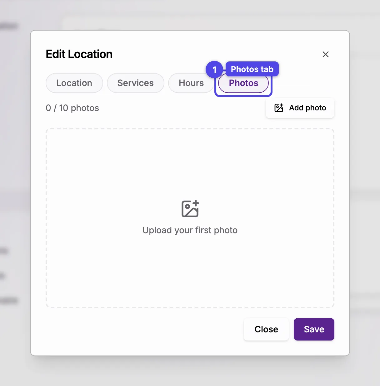 The location dialog on the Photos tab
