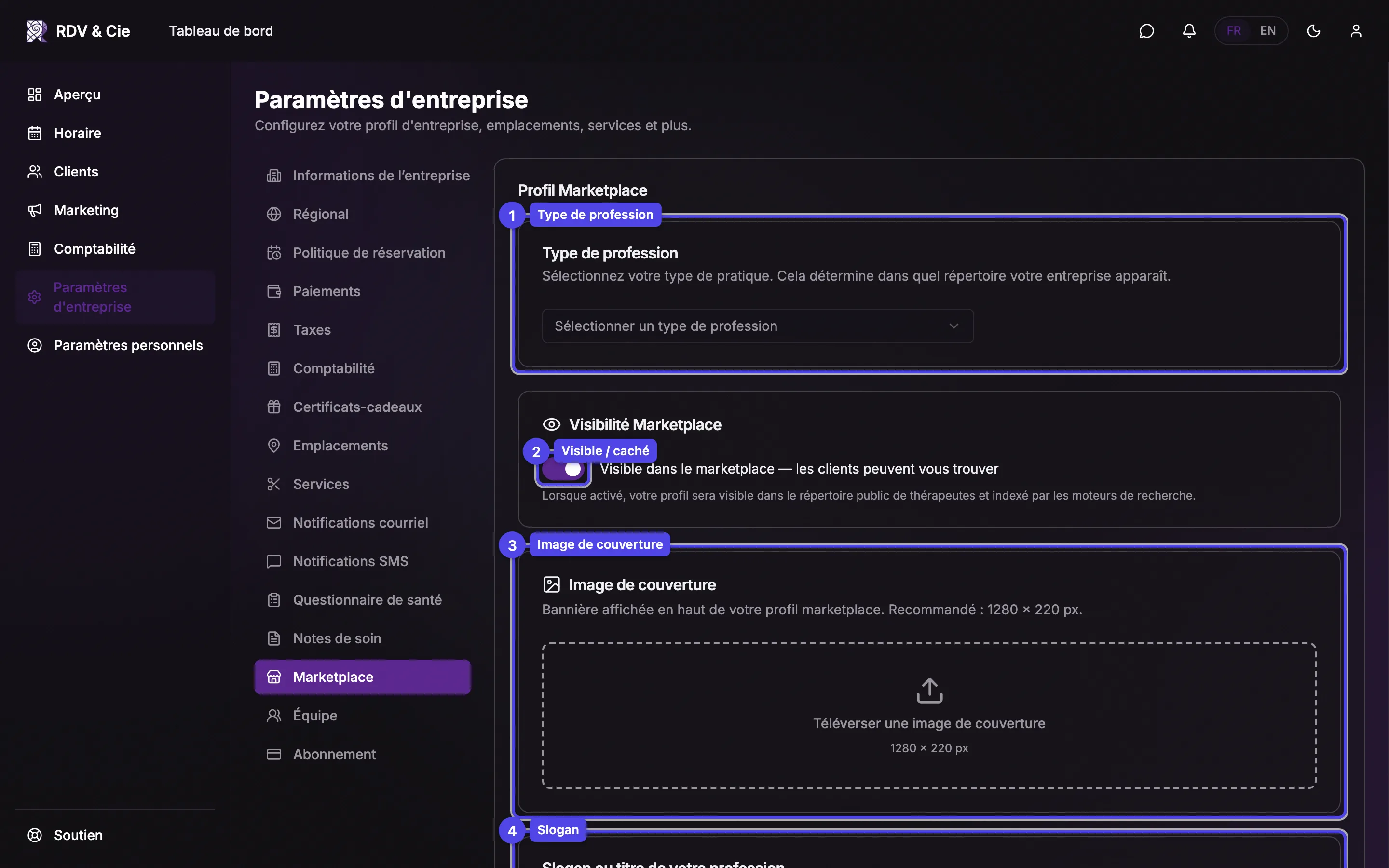 Le Profil Marketplace avec des cartes pour Type de profession, Visibilité Marketplace, Image de couverture, Slogan, À propos, Spécialités et Clientèle.