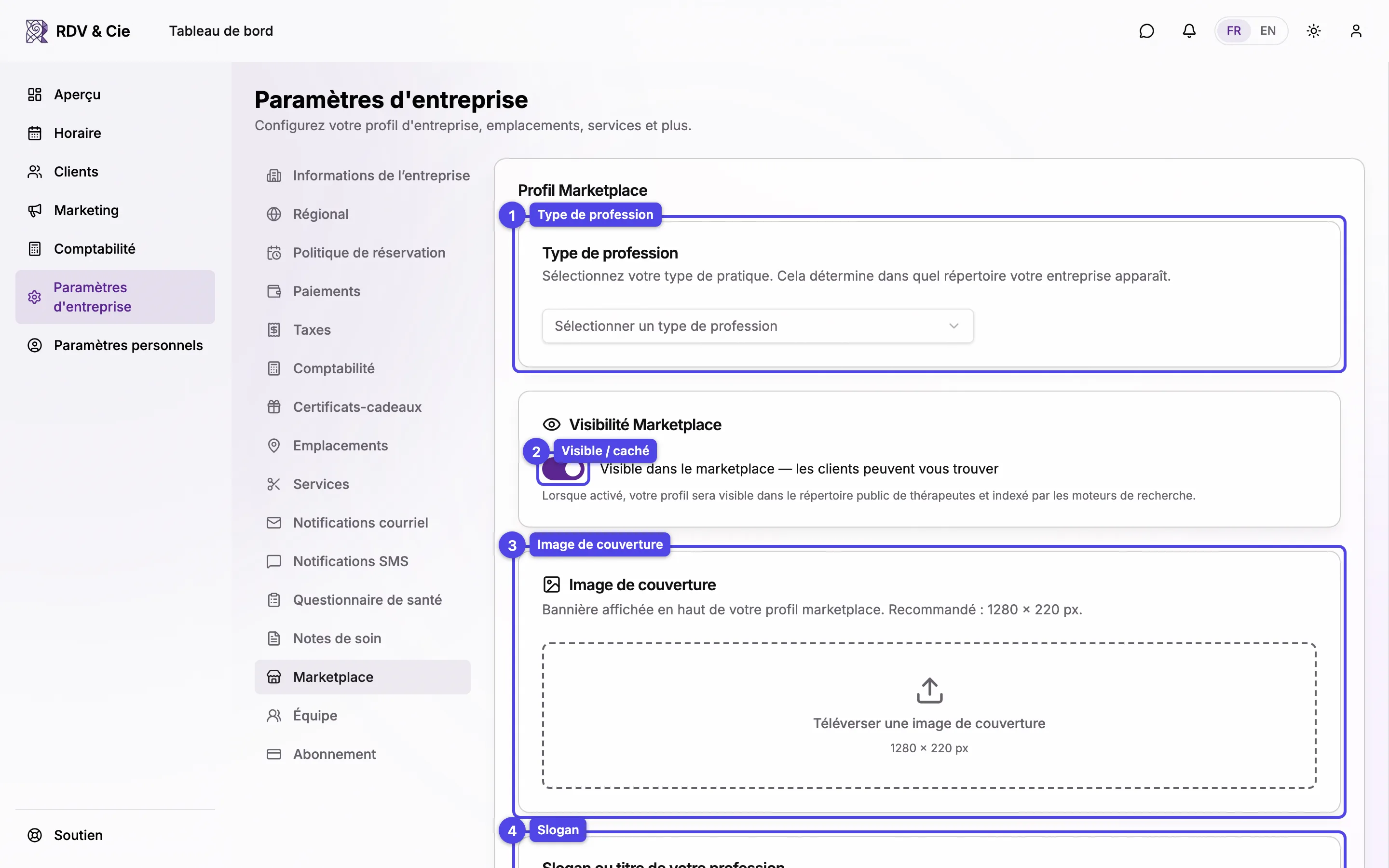 Le Profil Marketplace avec des cartes pour Type de profession, Visibilité Marketplace, Image de couverture, Slogan, À propos, Spécialités et Clientèle.