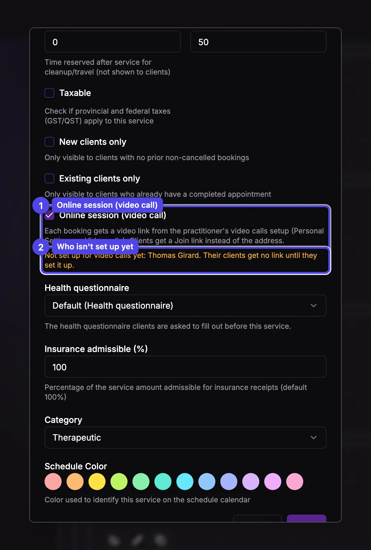 The service dialog with Online session (video call) ticked, and a warning naming a practitioner whose video calls aren't set up yet