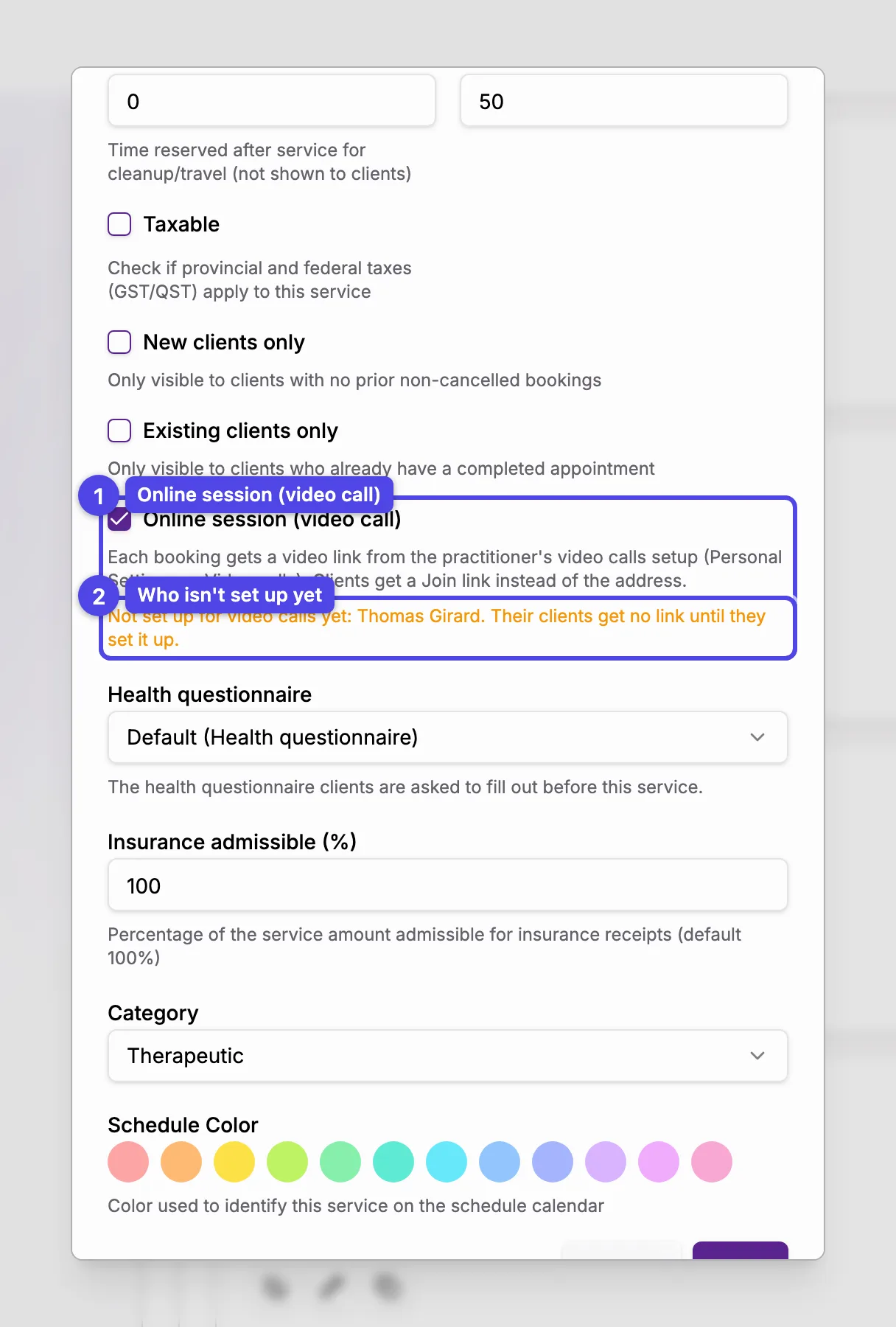 The service dialog with Online session (video call) ticked, and a warning naming a practitioner whose video calls aren't set up yet