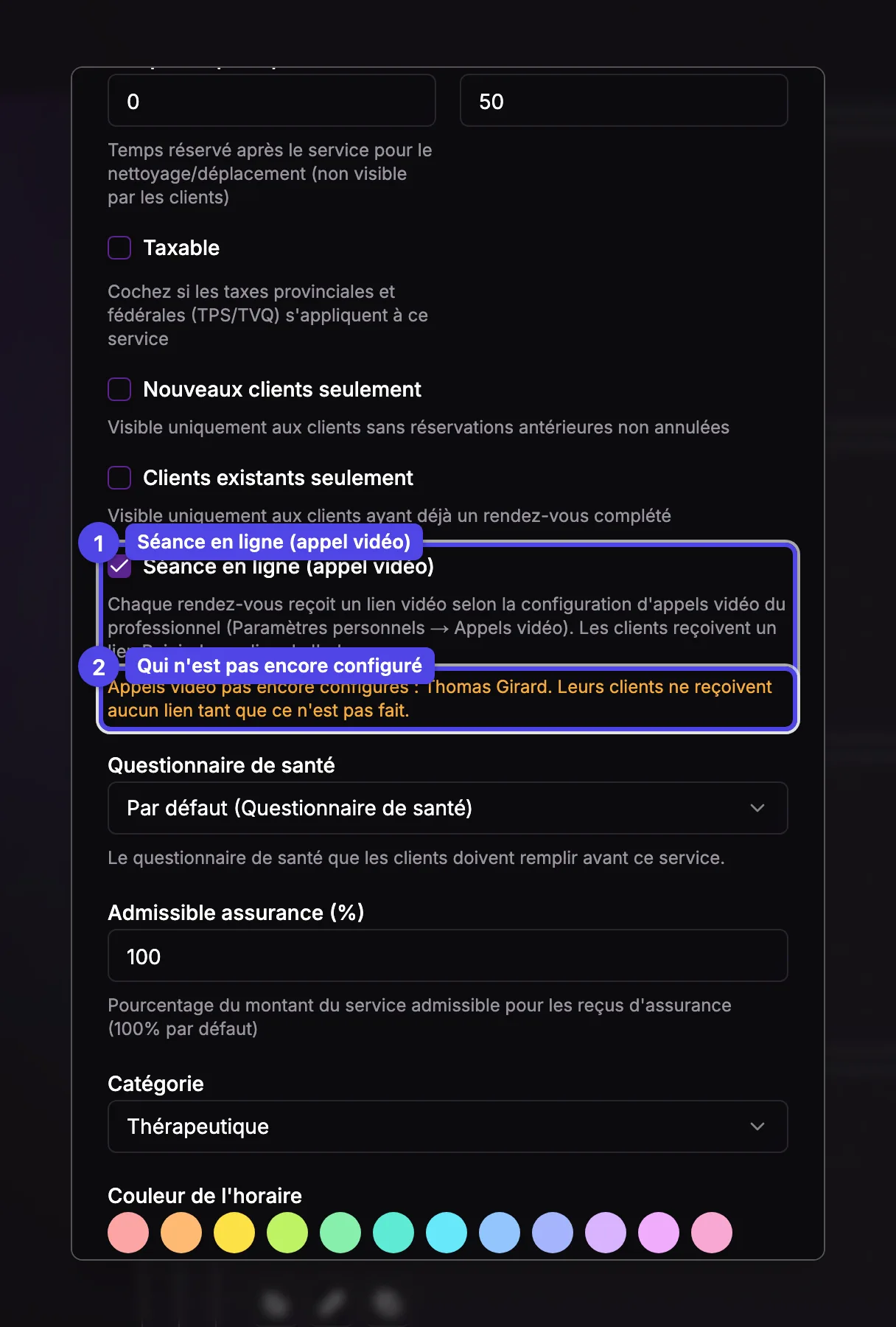 La fenêtre du service avec Séance en ligne (appel vidéo) cochée, et un avertissement nommant un professionnel dont les appels vidéo ne sont pas encore configurés