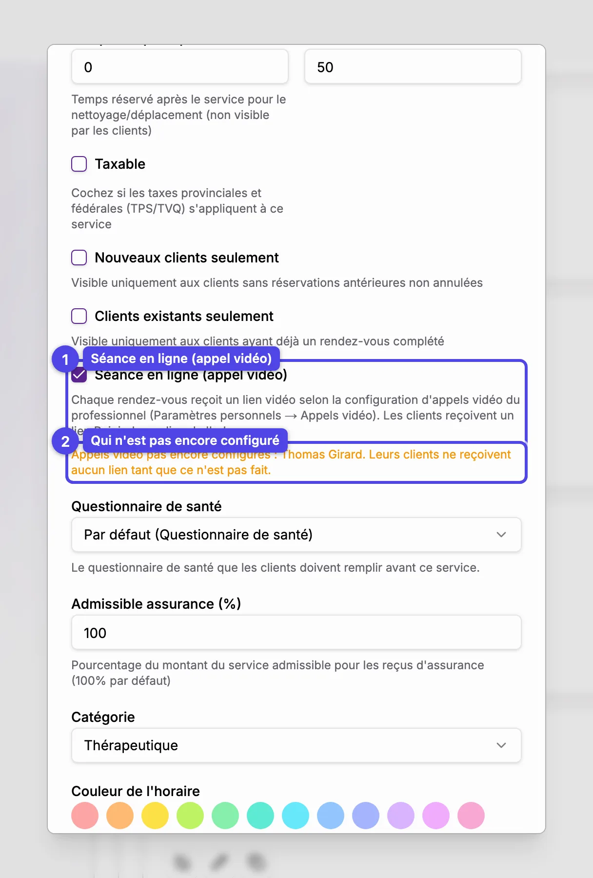 La fenêtre du service avec Séance en ligne (appel vidéo) cochée, et un avertissement nommant un professionnel dont les appels vidéo ne sont pas encore configurés