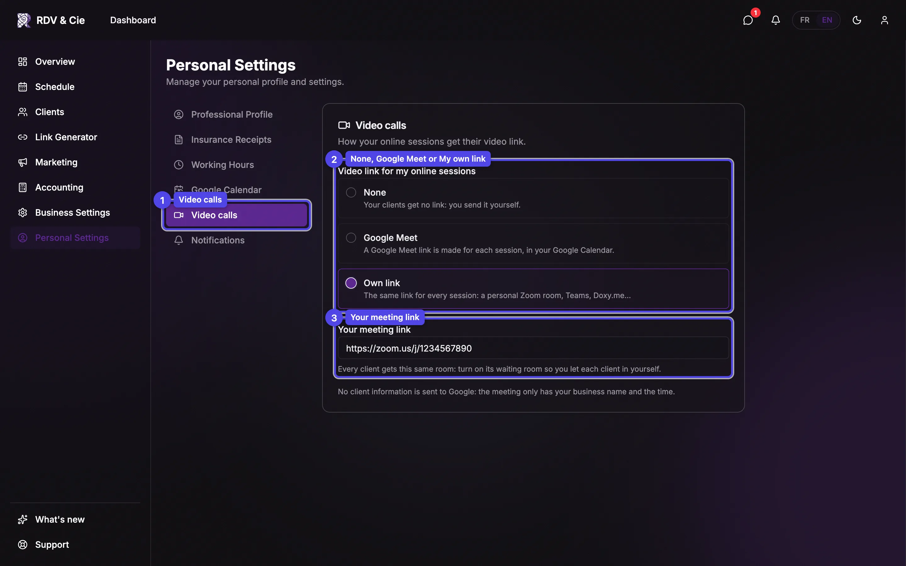 The Video calls tab of personal settings with the three choices — None, Google Meet, My own link — and the meeting link field