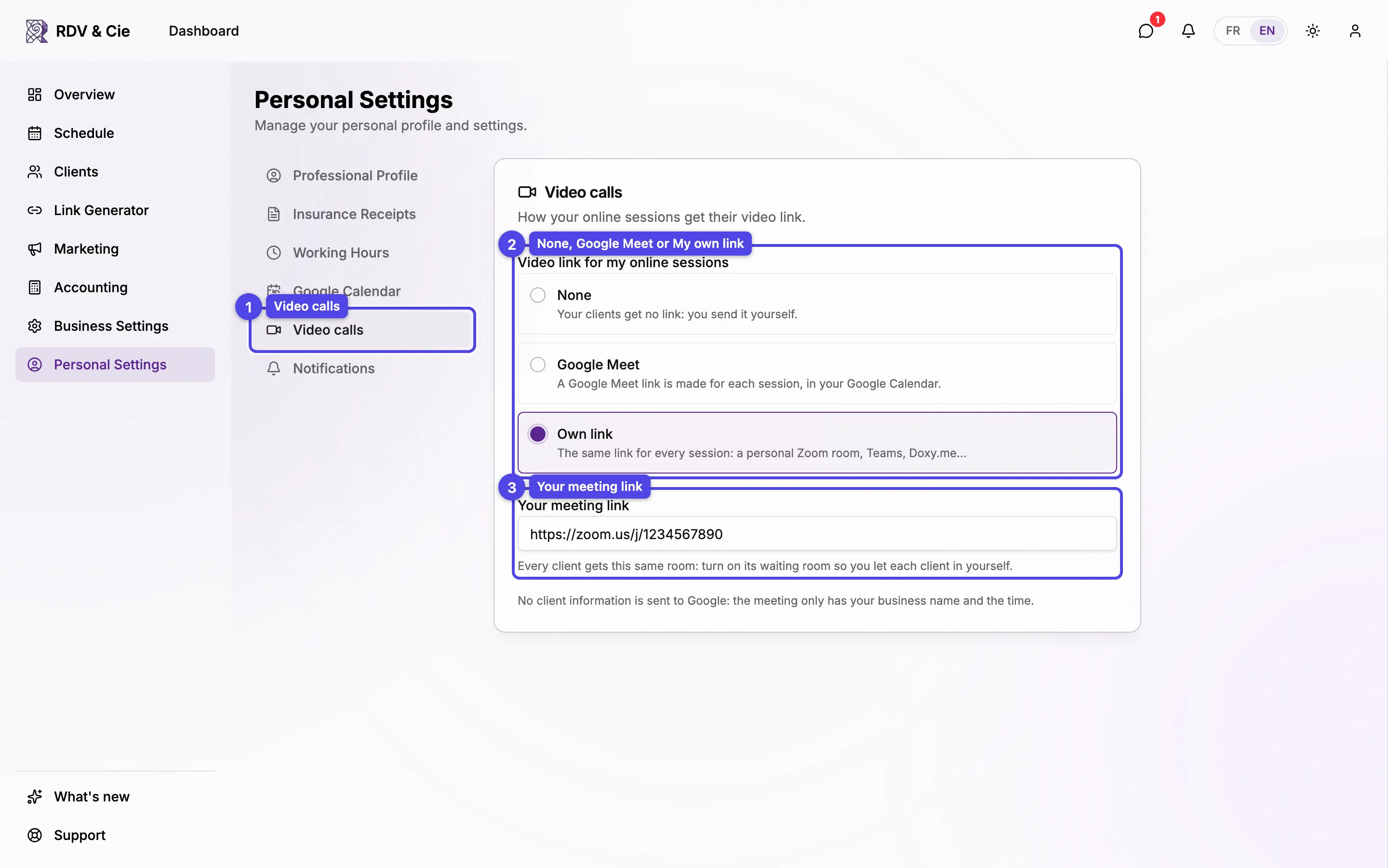 The Video calls tab of personal settings with the three choices — None, Google Meet, My own link — and the meeting link field