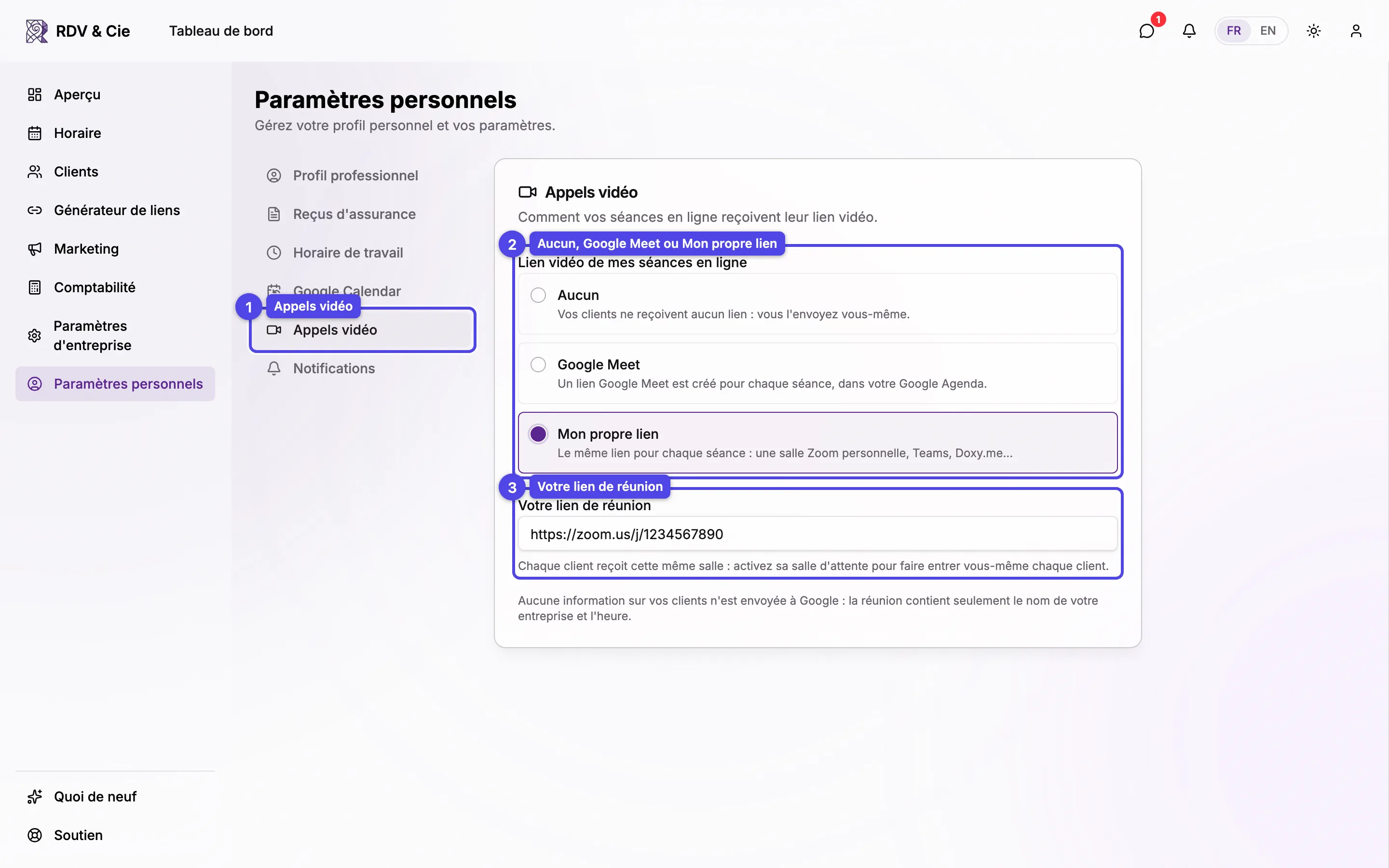 L'onglet Appels vidéo des paramètres personnels avec les trois choix — Aucun, Google Meet, Mon propre lien — et le champ du lien de réunion