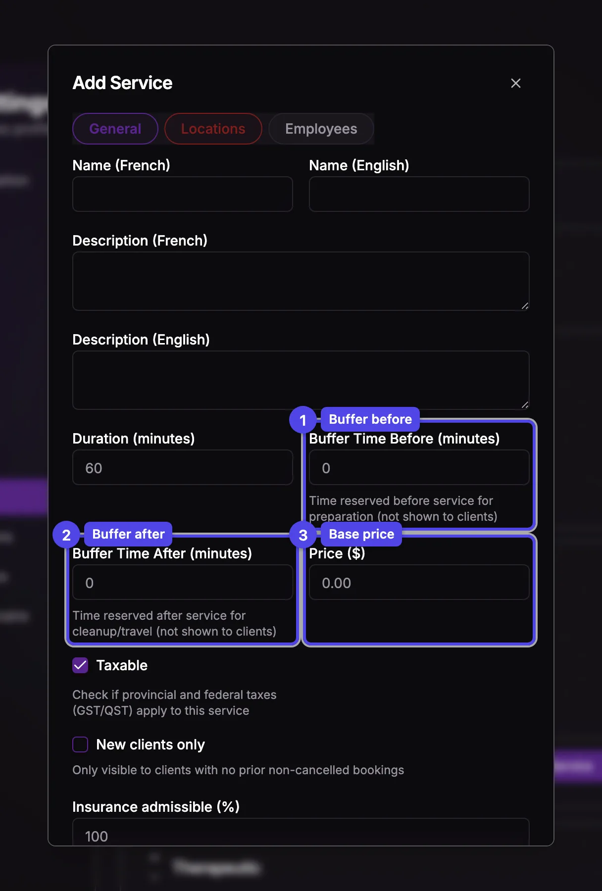 The service dialog showing buffer, price, and color fields