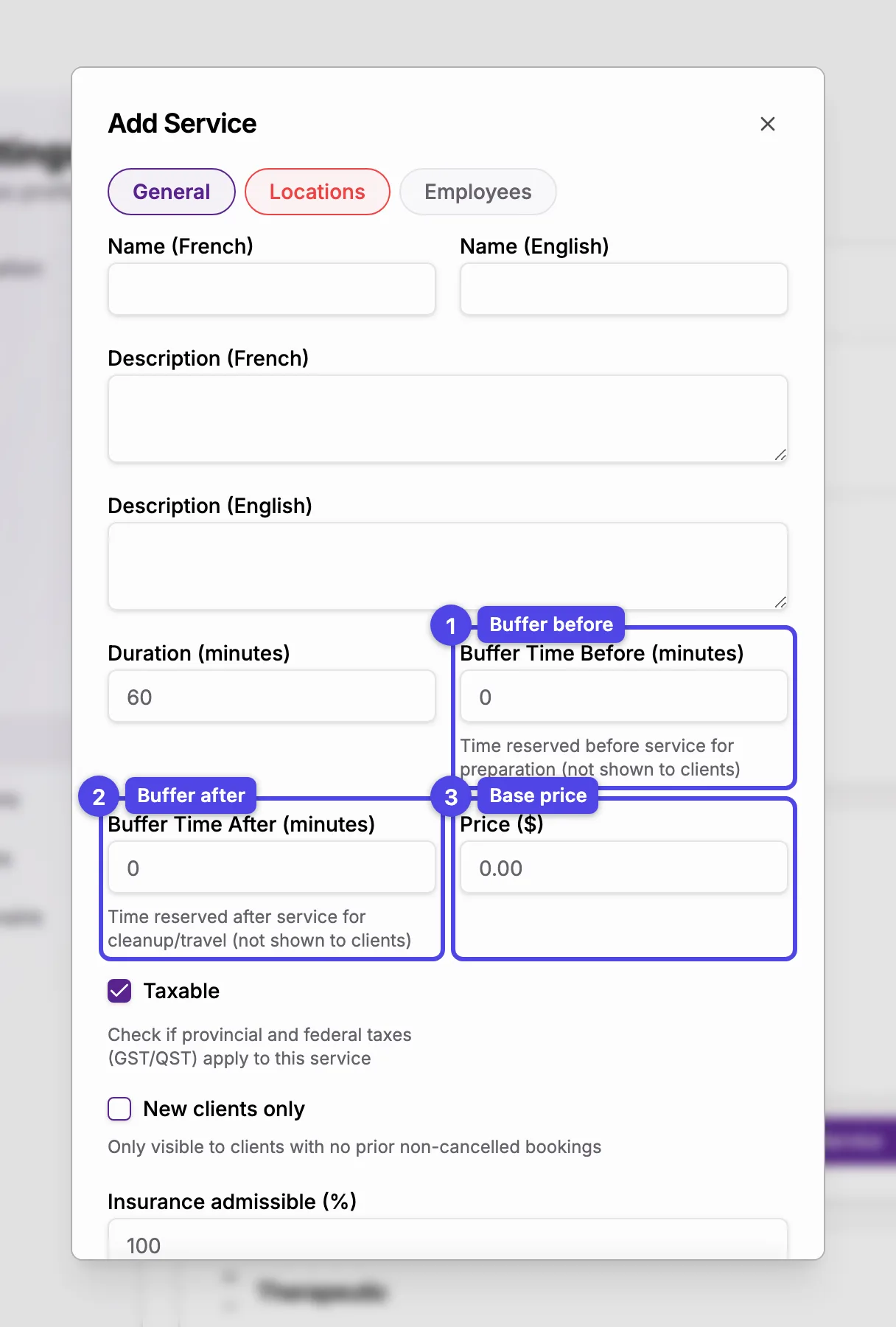 The service dialog showing buffer, price, and color fields