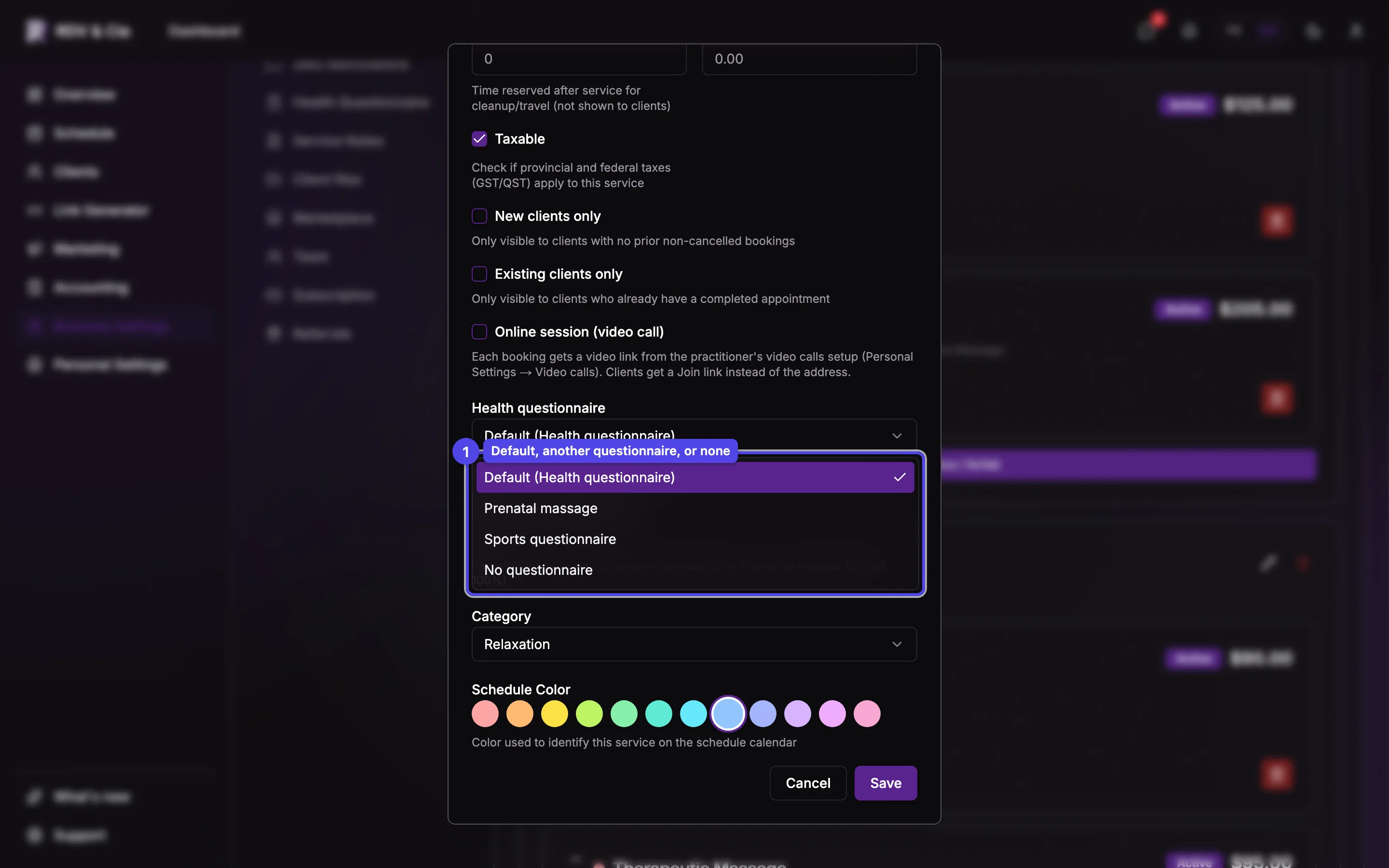 The Health questionnaire choice of the service dialog, open: Default (Health questionnaire), Prenatal massage, Sports questionnaire, and No questionnaire.