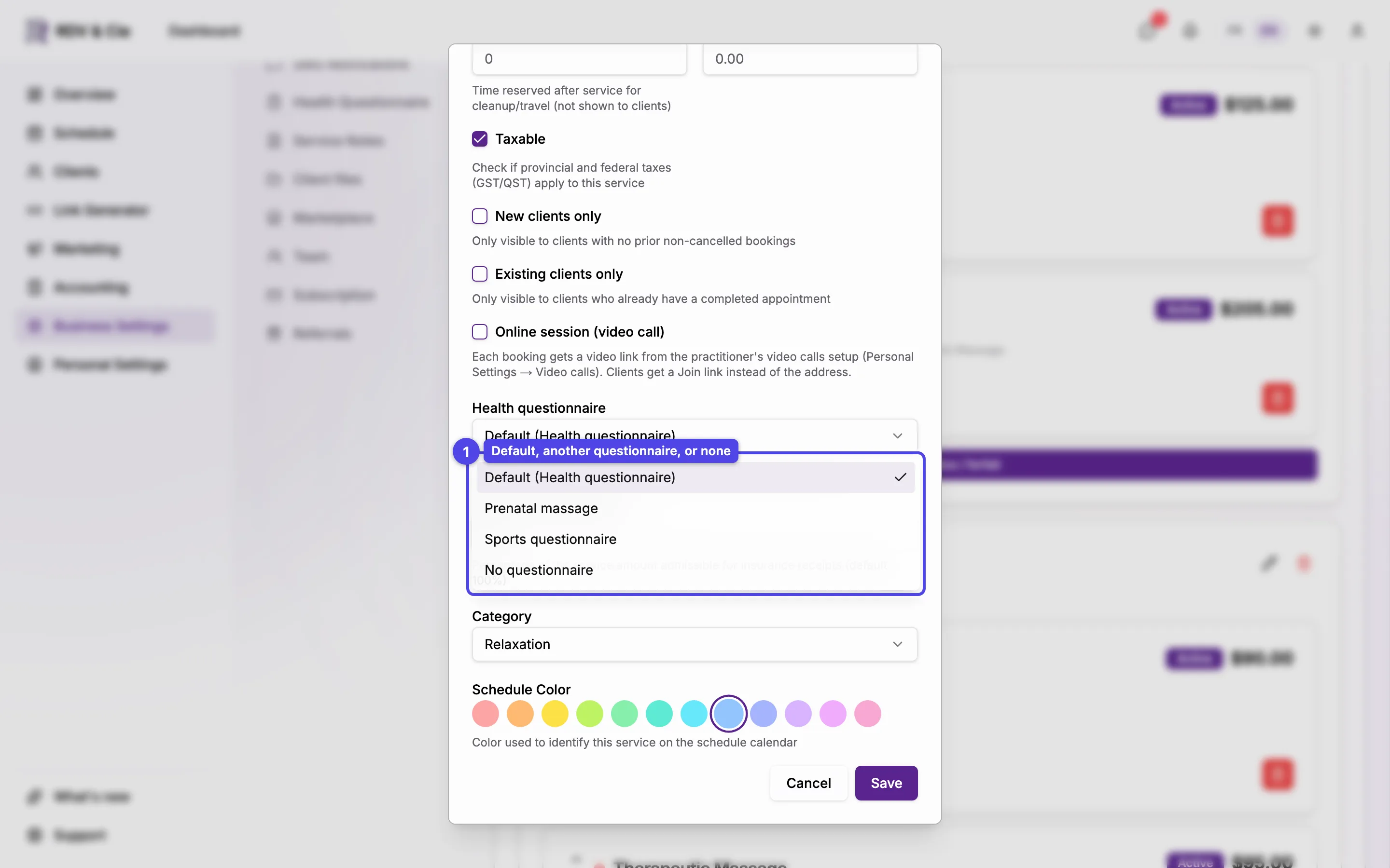 The Health questionnaire choice of the service dialog, open: Default (Health questionnaire), Prenatal massage, Sports questionnaire, and No questionnaire.