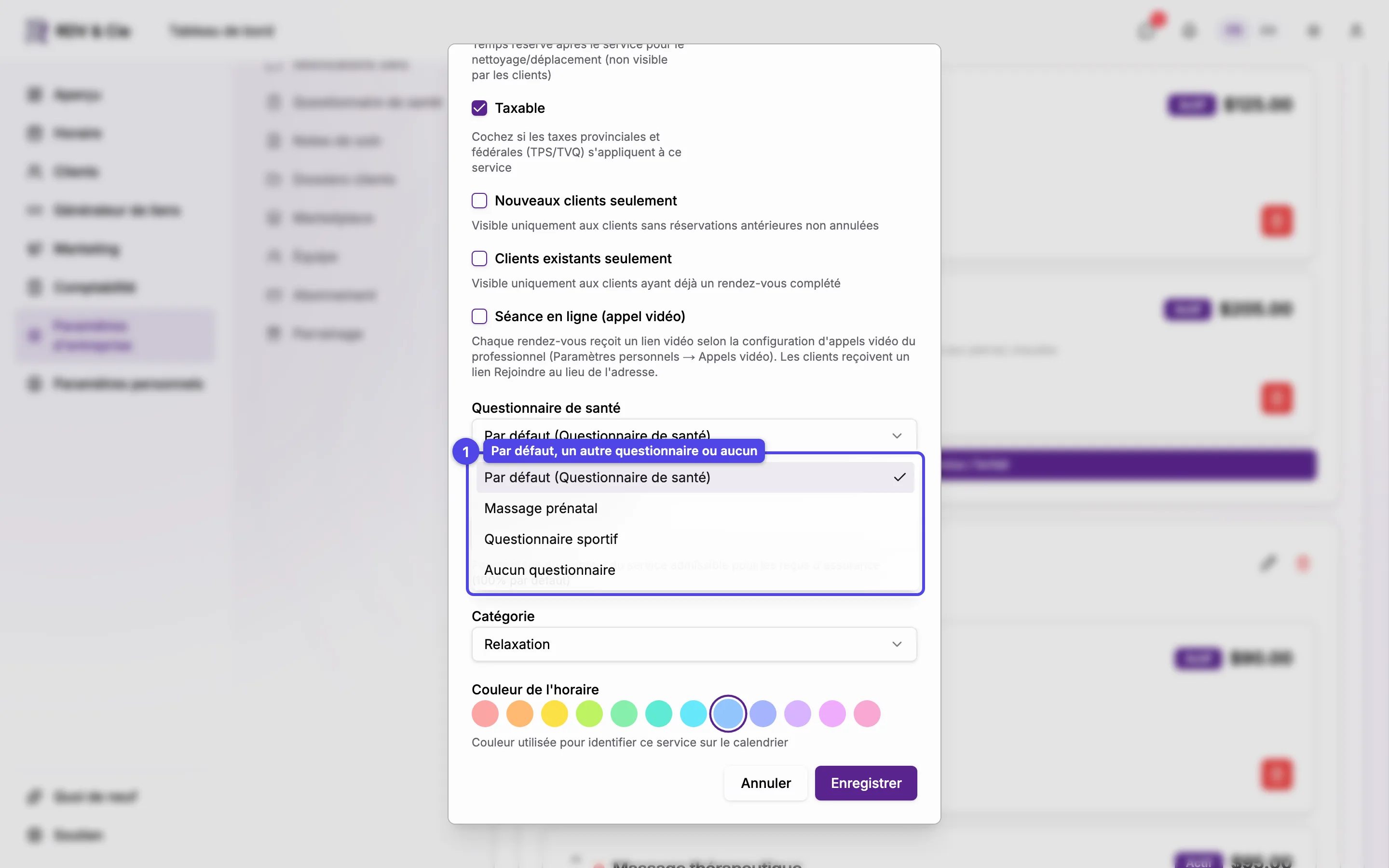 Le choix Questionnaire de santé de la fenêtre de service, ouvert : Par défaut (Questionnaire de santé), Massage prénatal, Questionnaire sportif et Aucun questionnaire.