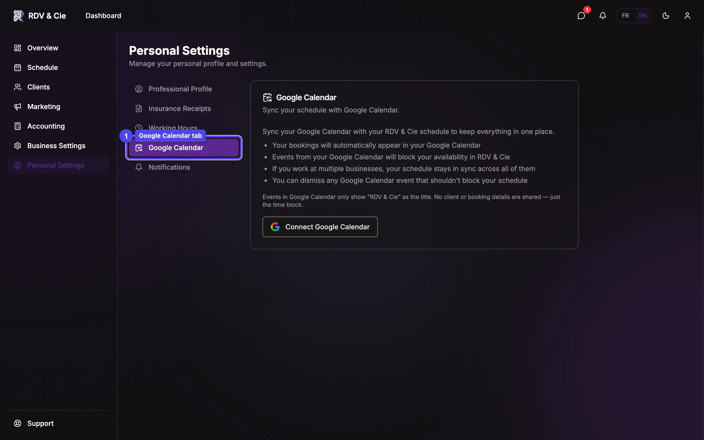 The Google Calendar tab of personal settings