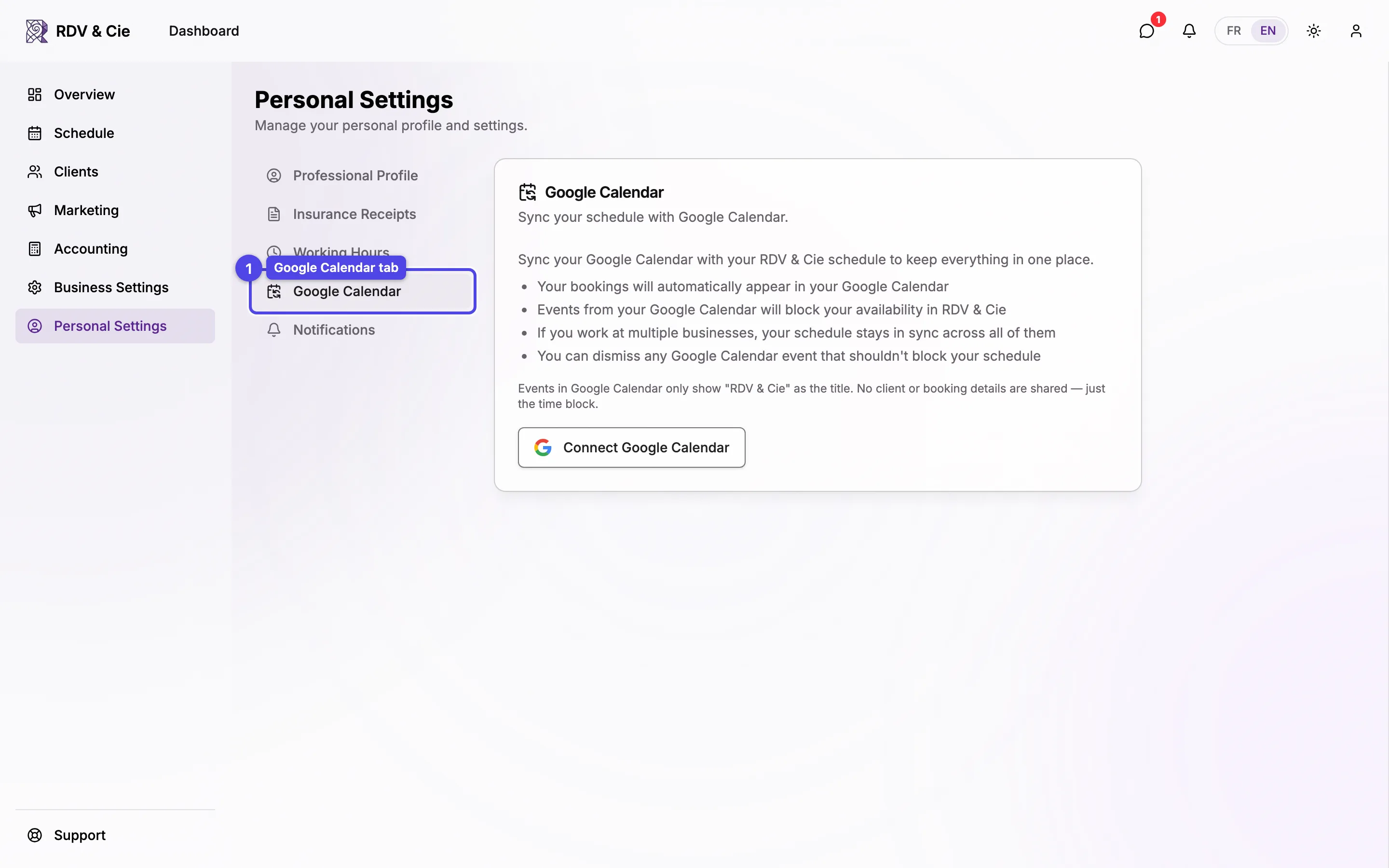 The Google Calendar tab of personal settings