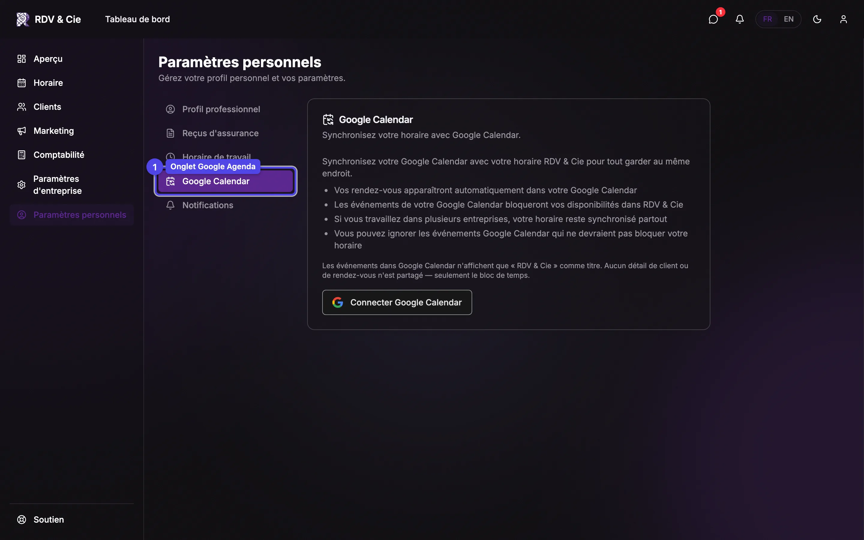 L'onglet Google Agenda des réglages personnels