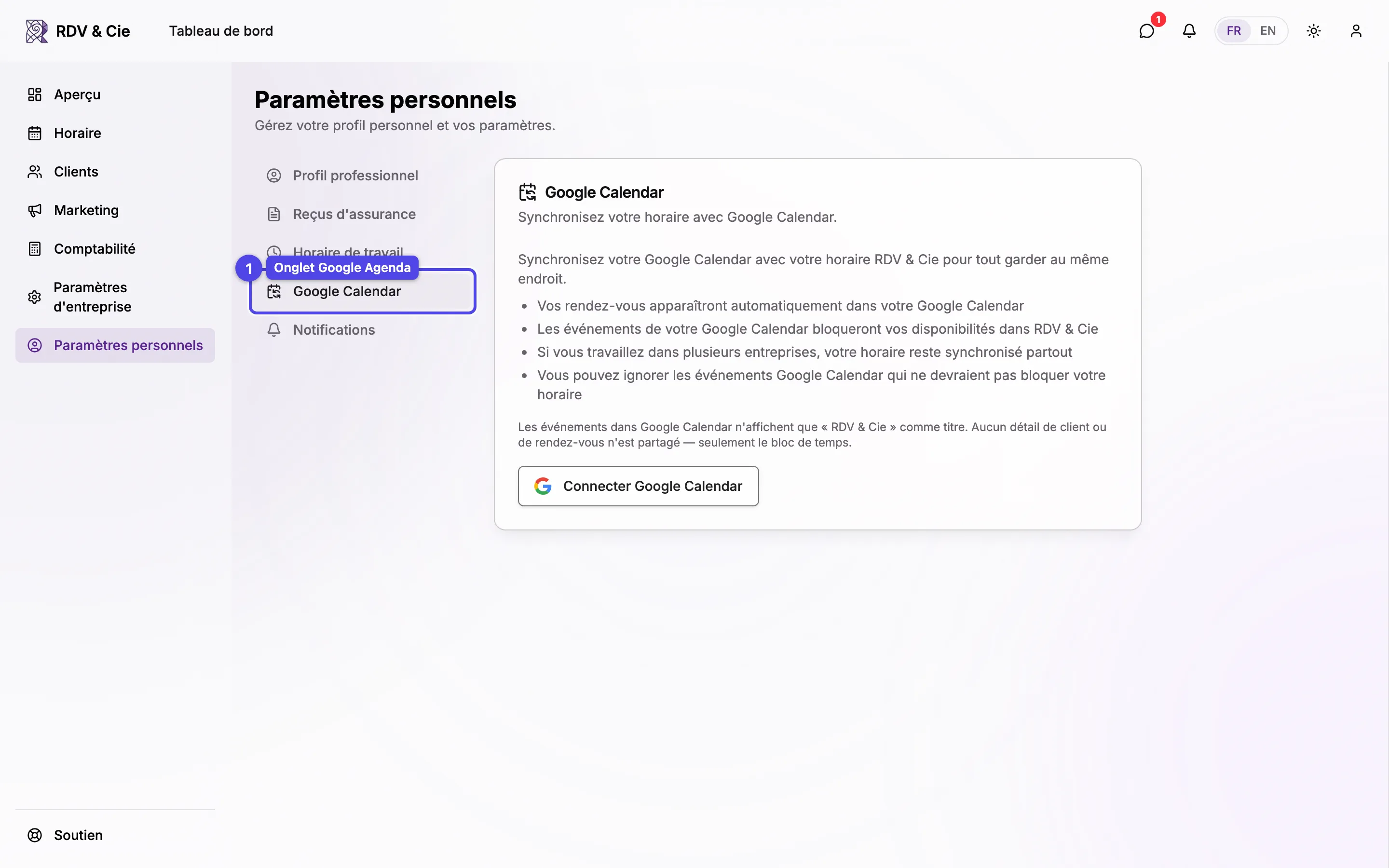 L'onglet Google Agenda des réglages personnels