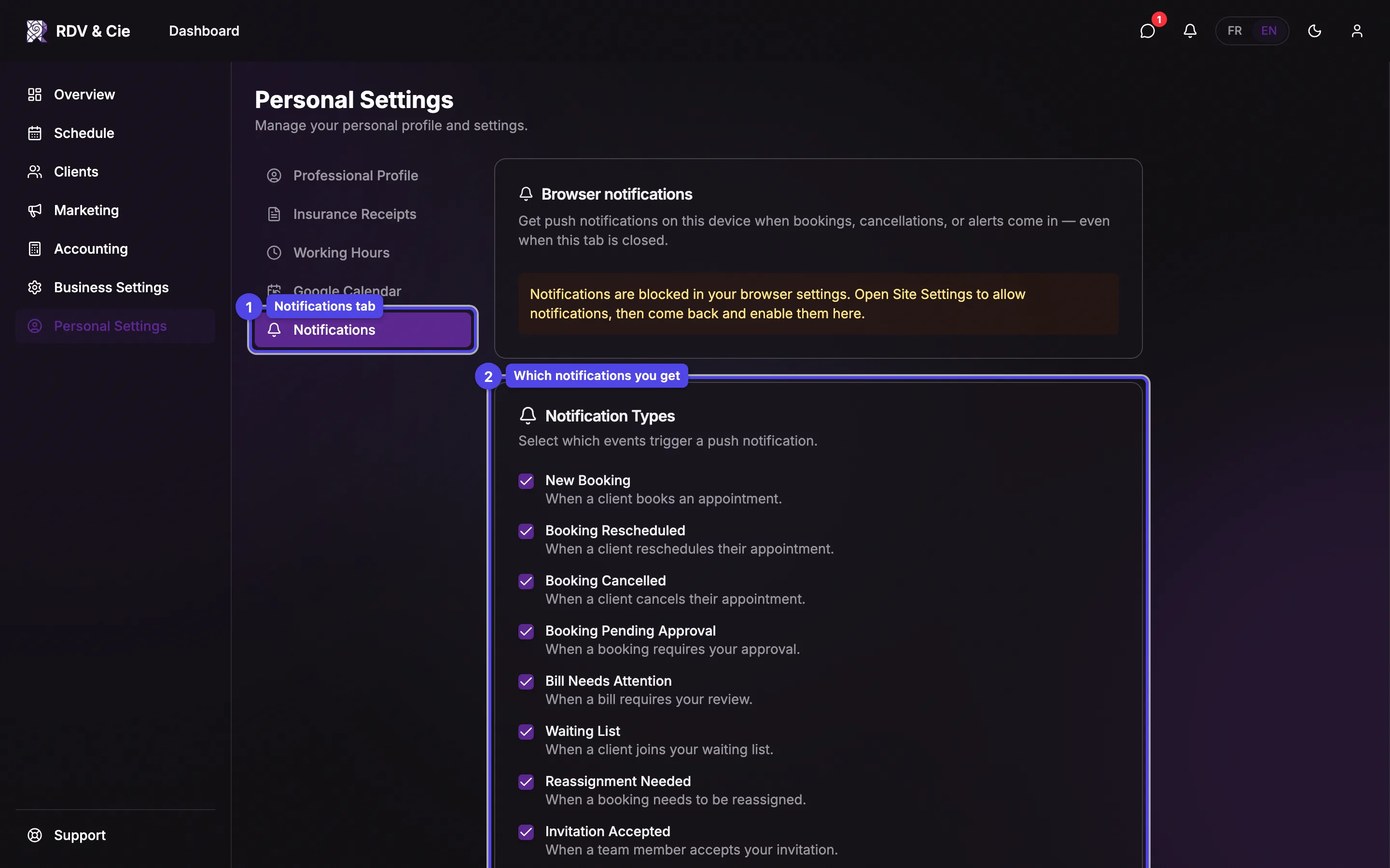 The Notifications tab with notification types and booking reminders