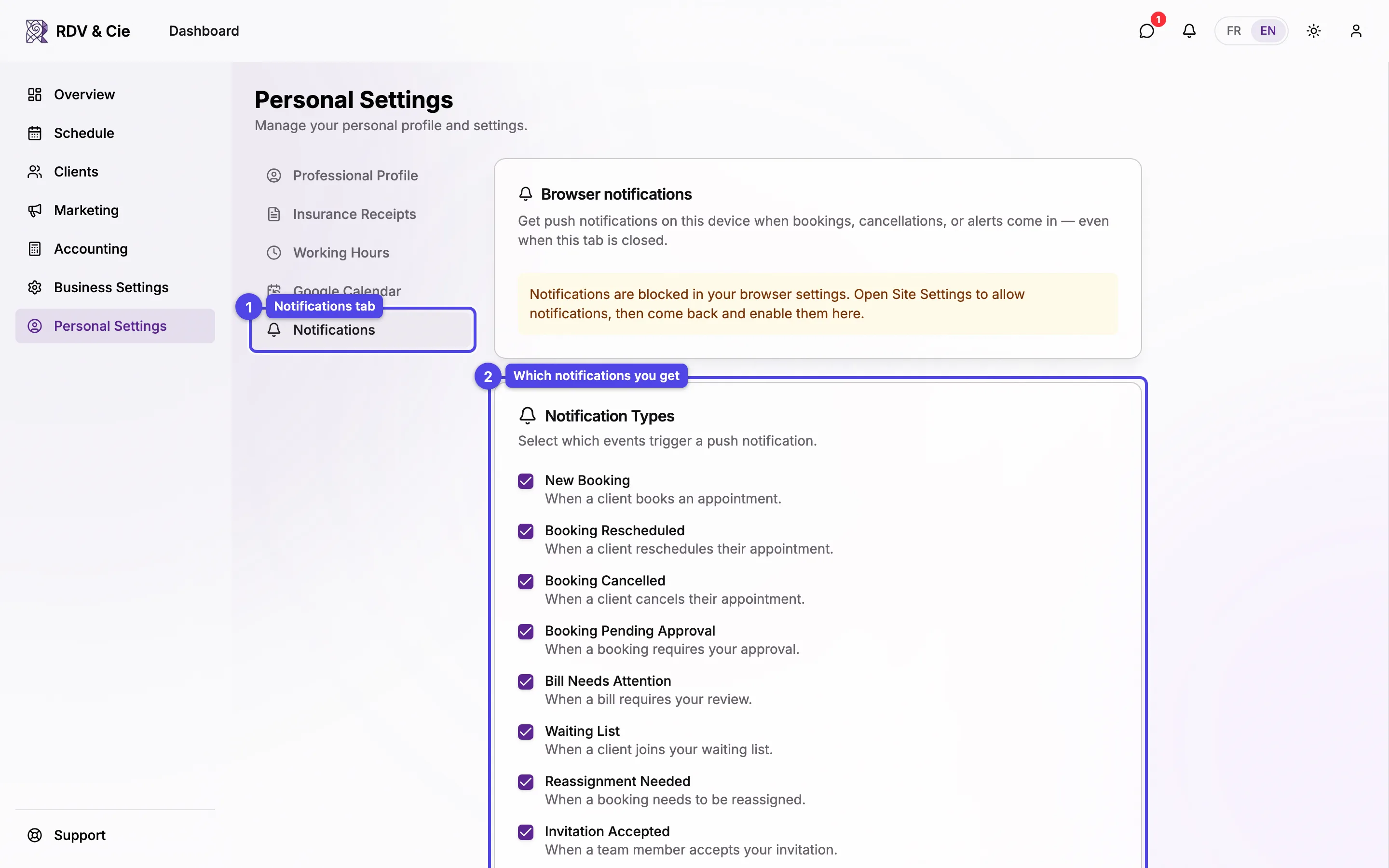 The Notifications tab with notification types and booking reminders