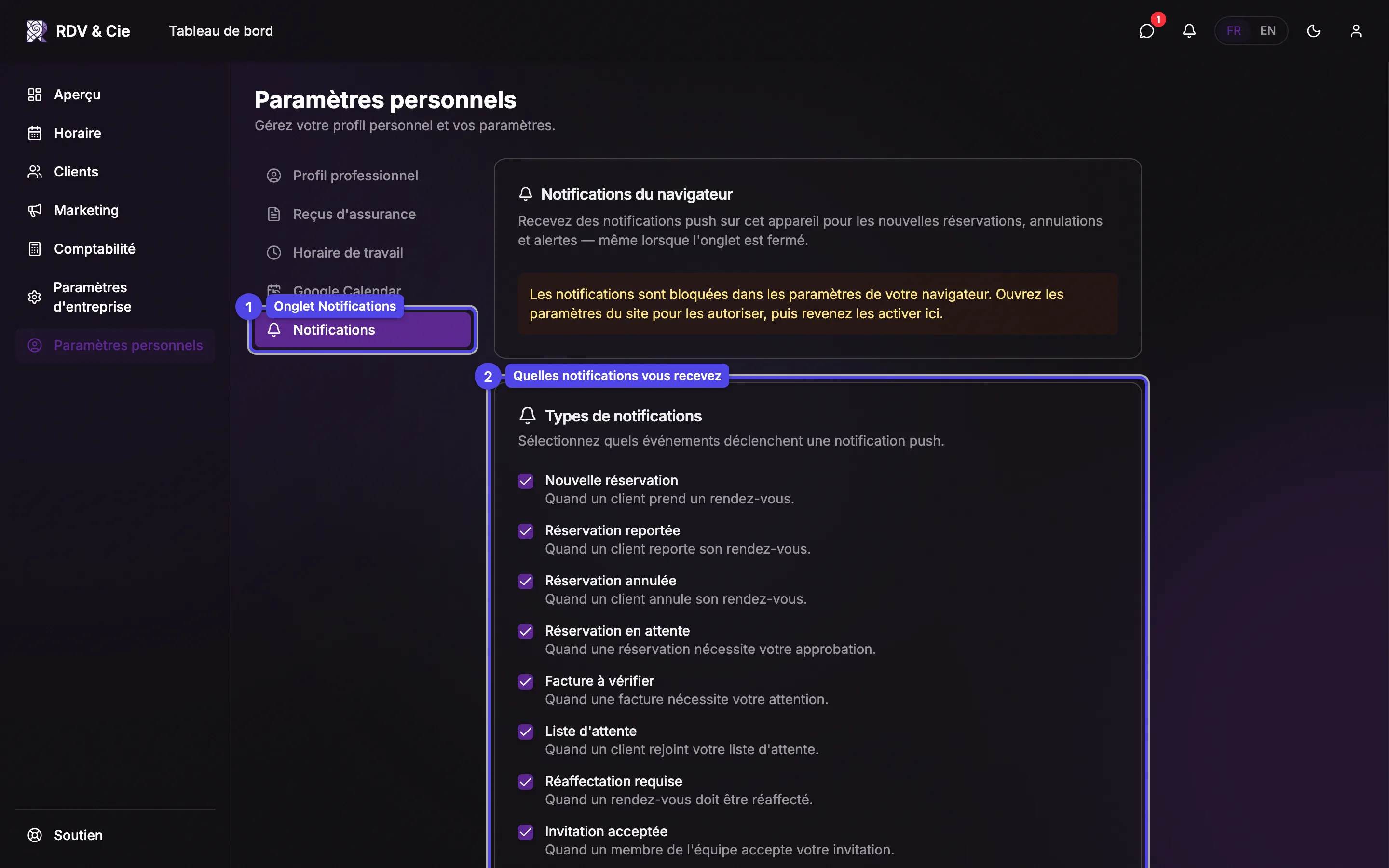 L'onglet Notifications avec les types de notifications et les rappels de rendez-vous