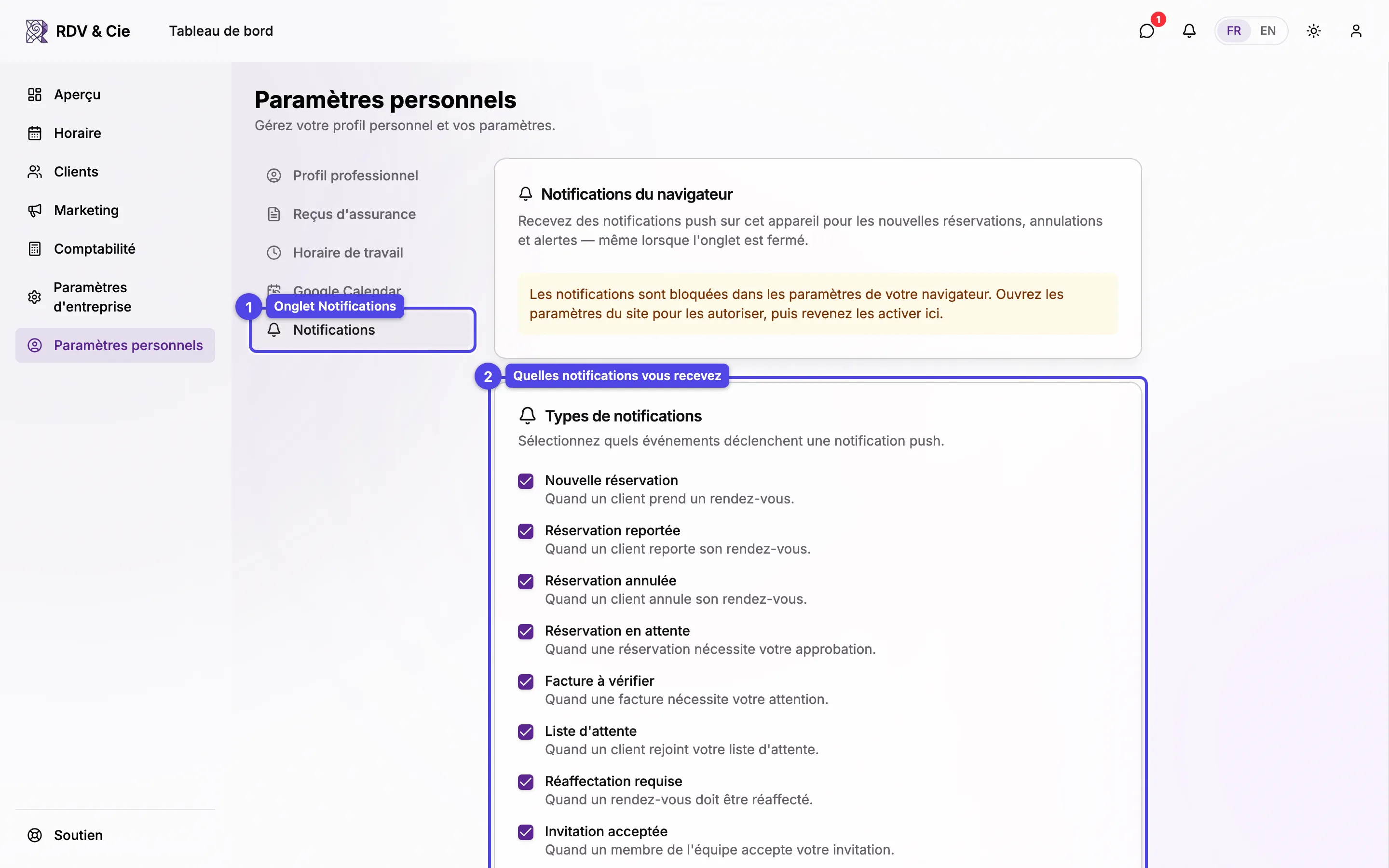 L'onglet Notifications avec les types de notifications et les rappels de rendez-vous