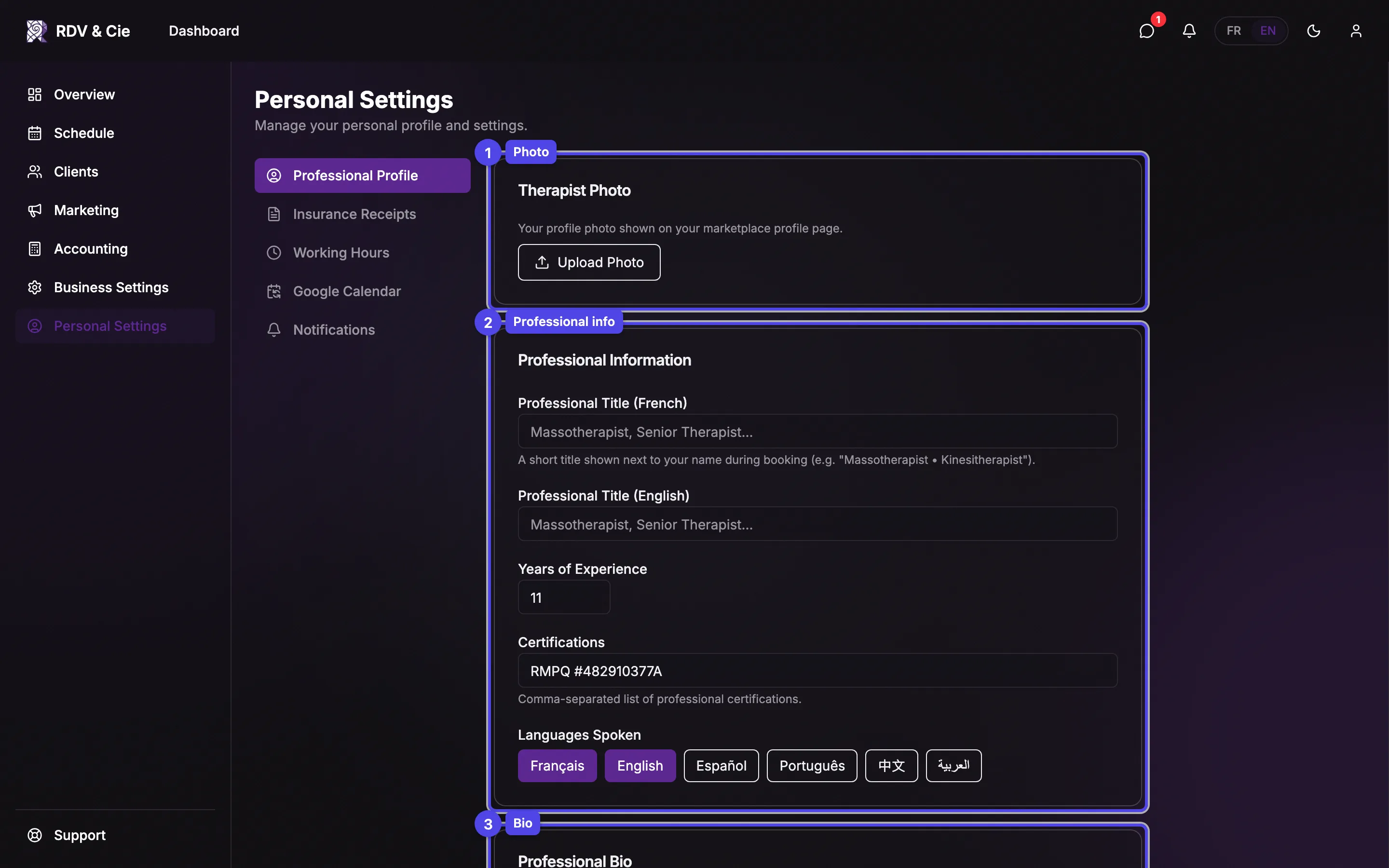 The professional profile tab with photo, info, and bio