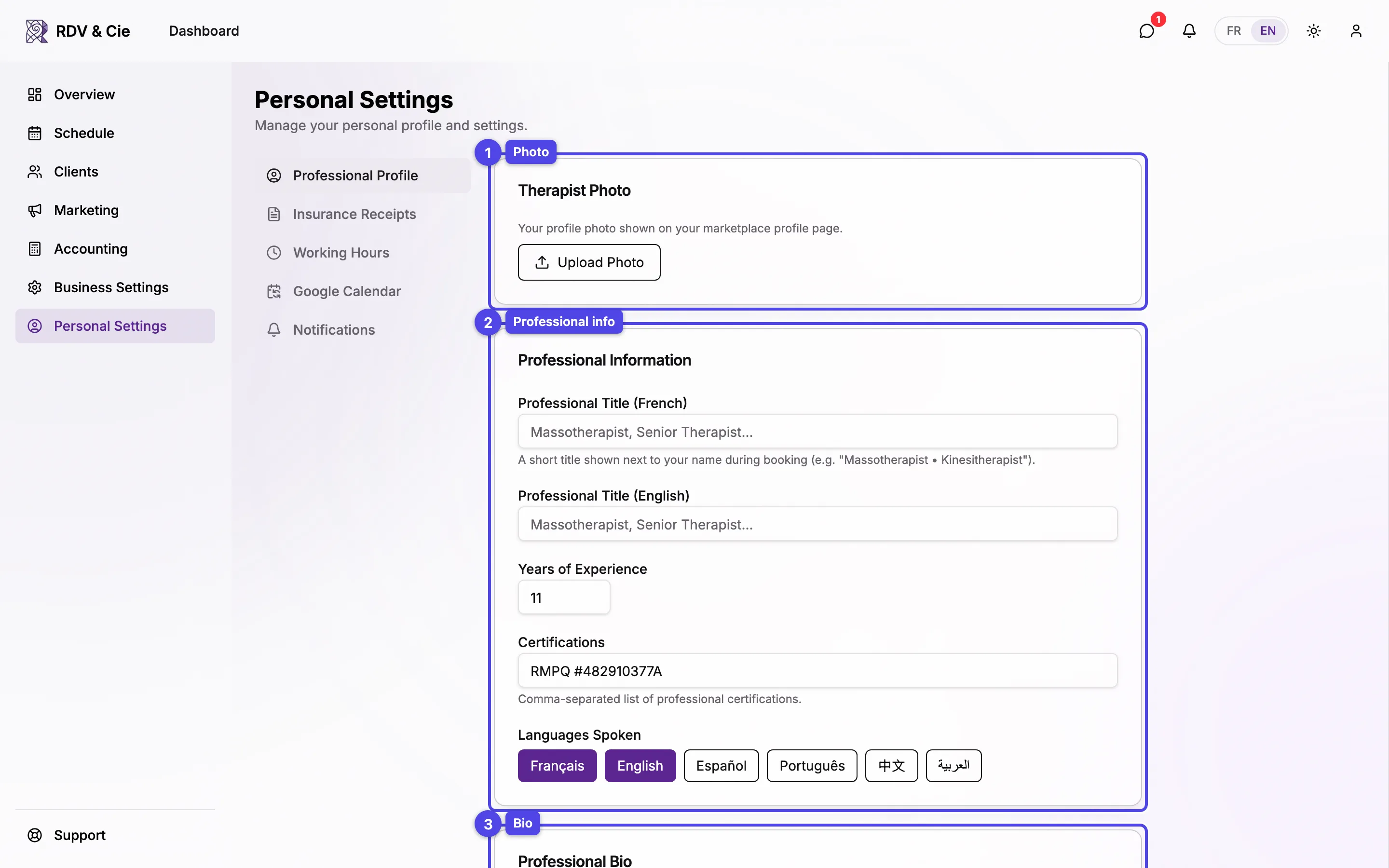 The professional profile tab with photo, info, and bio