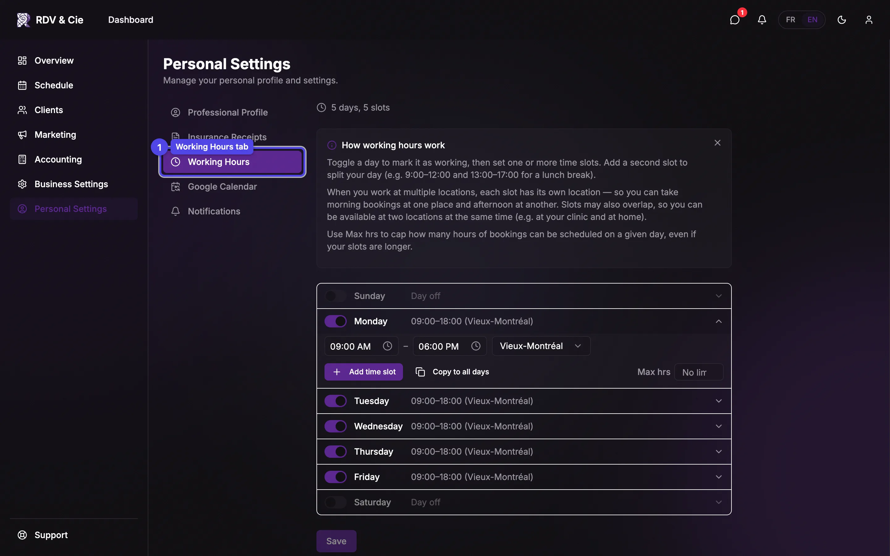 The Working Hours tab of personal settings