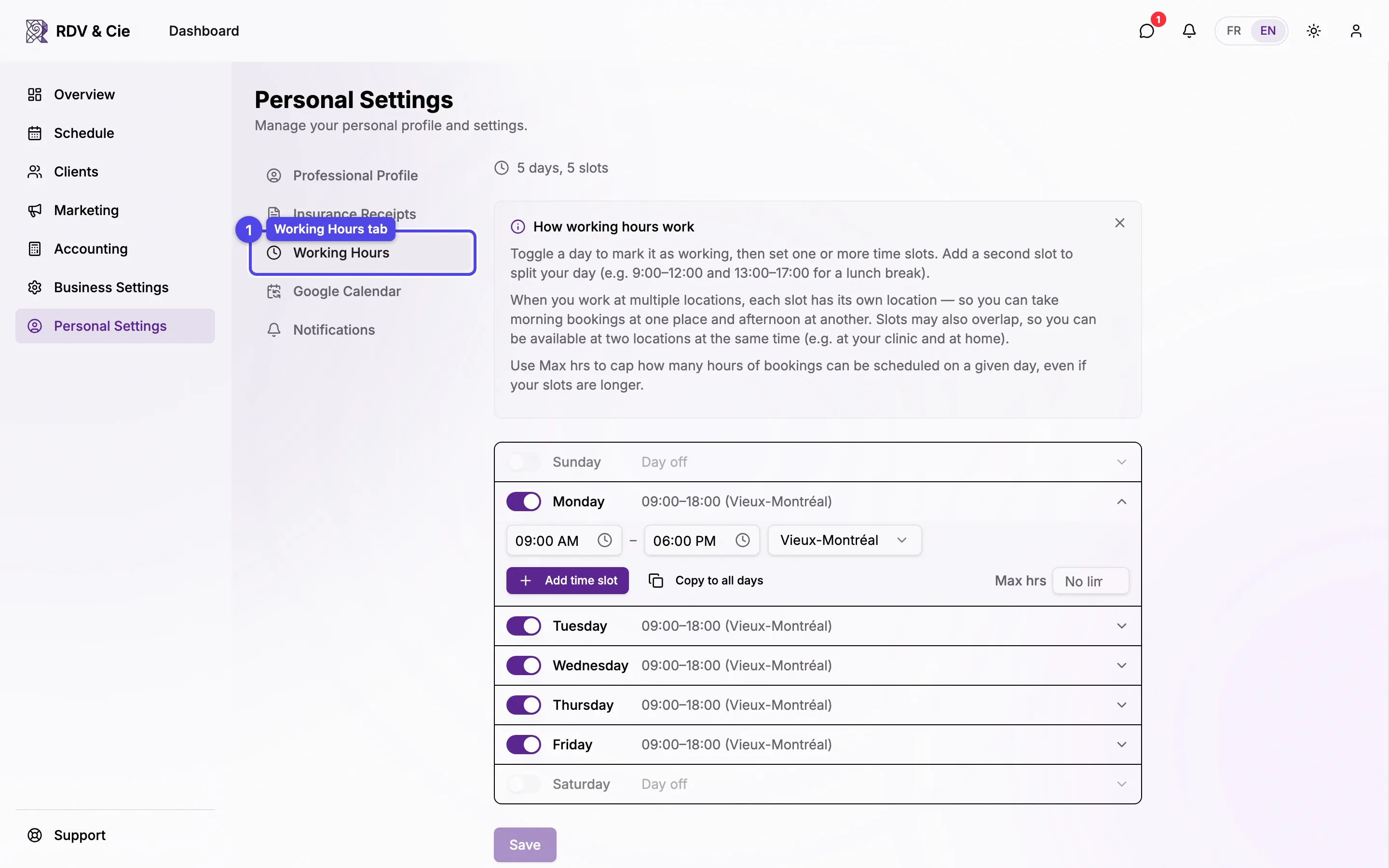 The Working Hours tab of personal settings