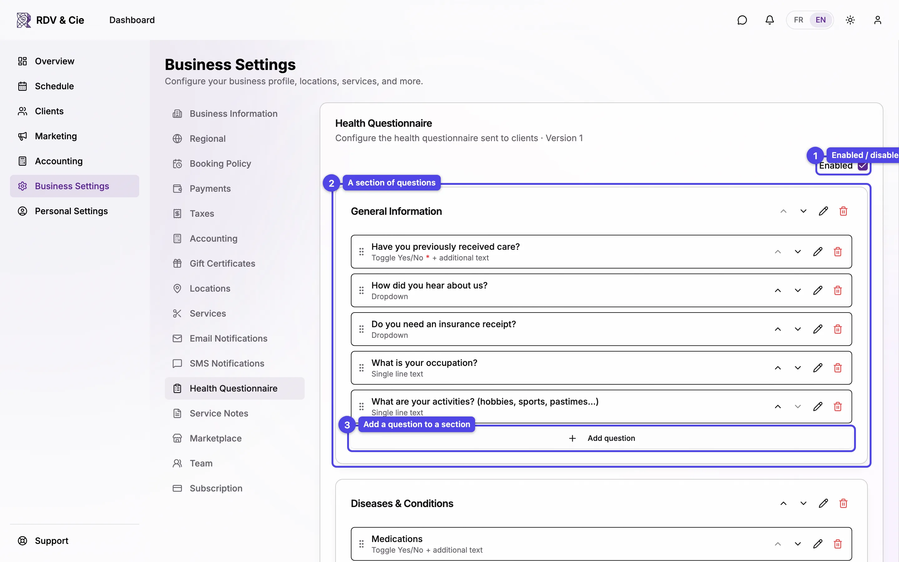 The questionnaire builder with section cards, each containing questions, plus Add question and Add section buttons.