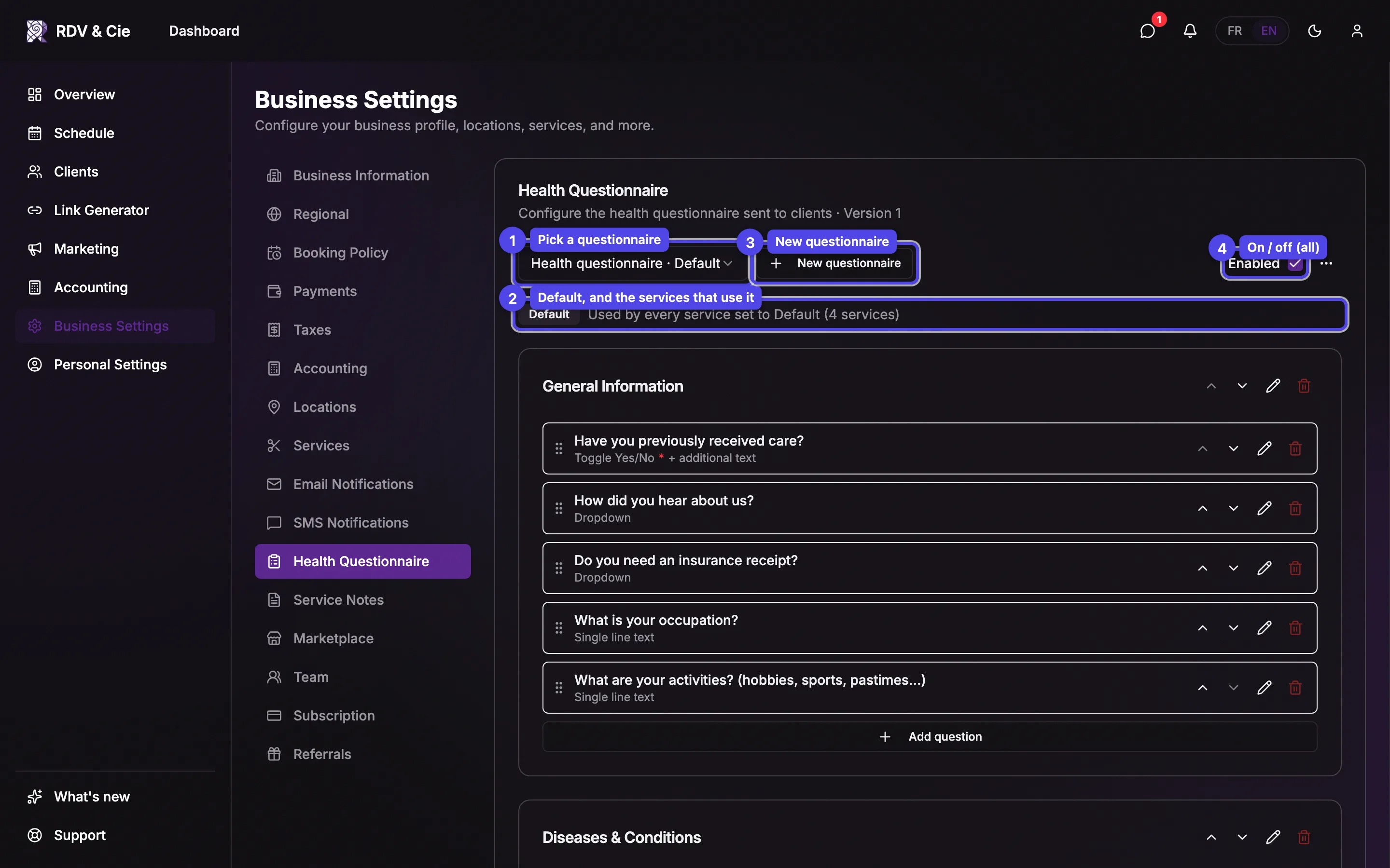 The top of the Health Questionnaire tab with several questionnaires: the questionnaire picker with its Default badge, the line showing which services use it, the New questionnaire button, and the Enabled switch.