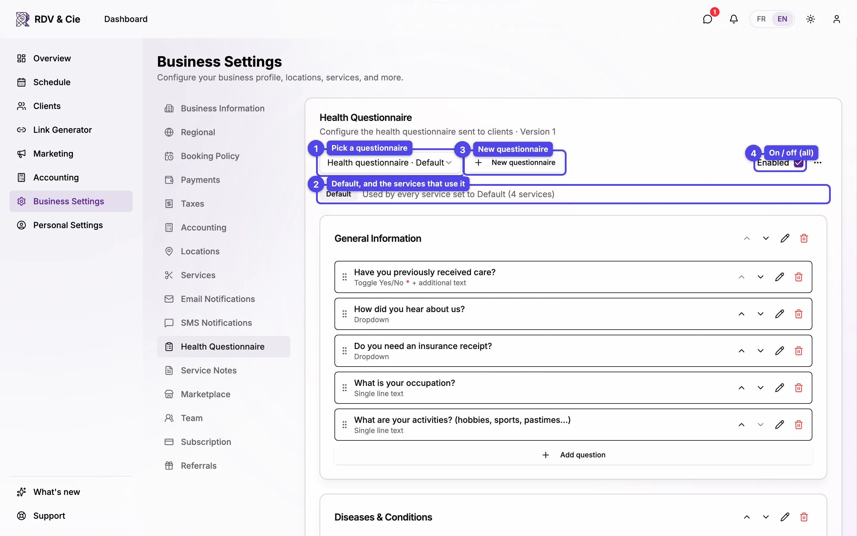 The top of the Health Questionnaire tab with several questionnaires: the questionnaire picker with its Default badge, the line showing which services use it, the New questionnaire button, and the Enabled switch.