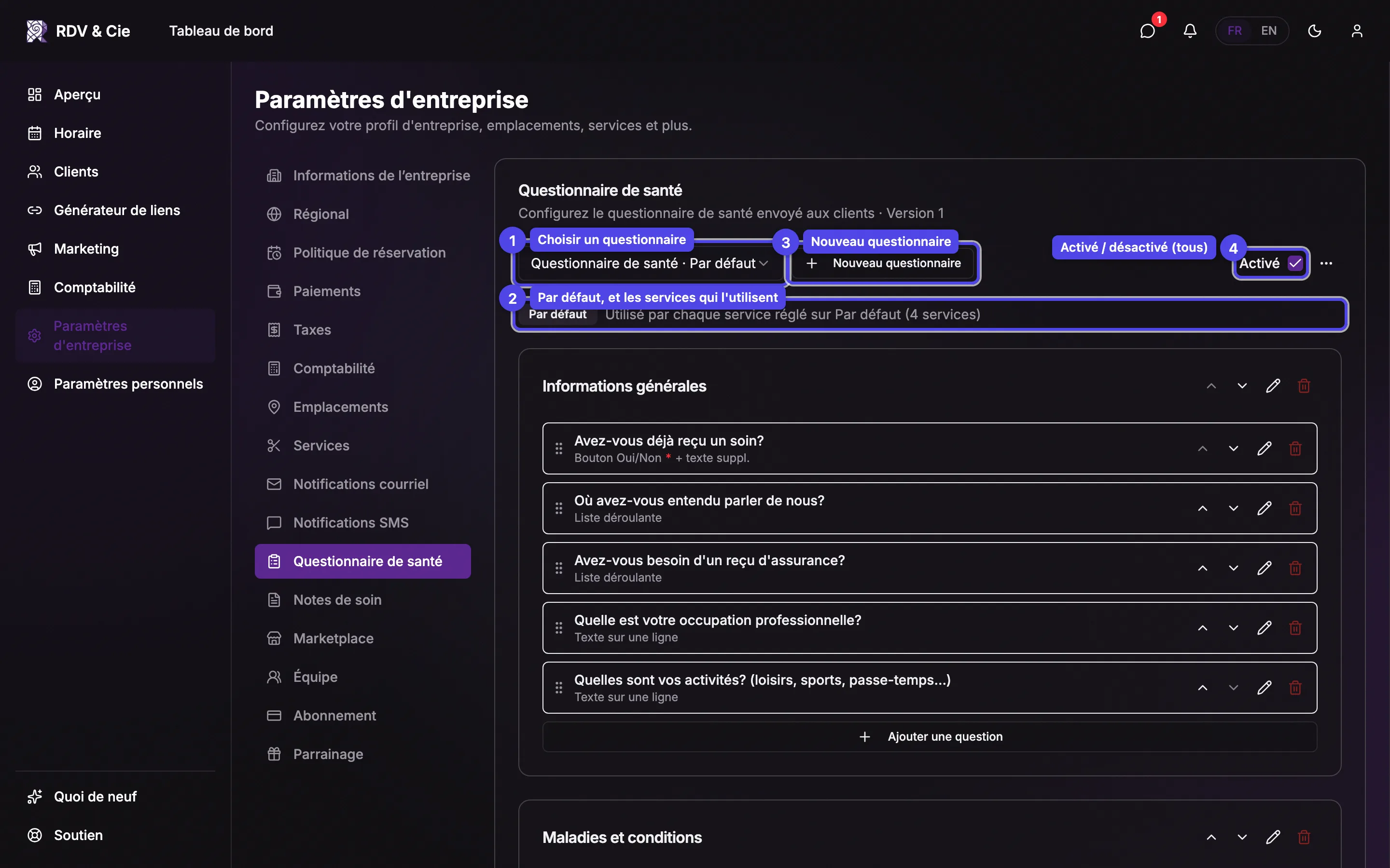 Le haut de l'onglet Questionnaire de santé avec plusieurs questionnaires : le sélecteur de questionnaire avec son badge Par défaut, la ligne indiquant les services qui l'utilisent, le bouton Nouveau questionnaire et l'interrupteur Activé.